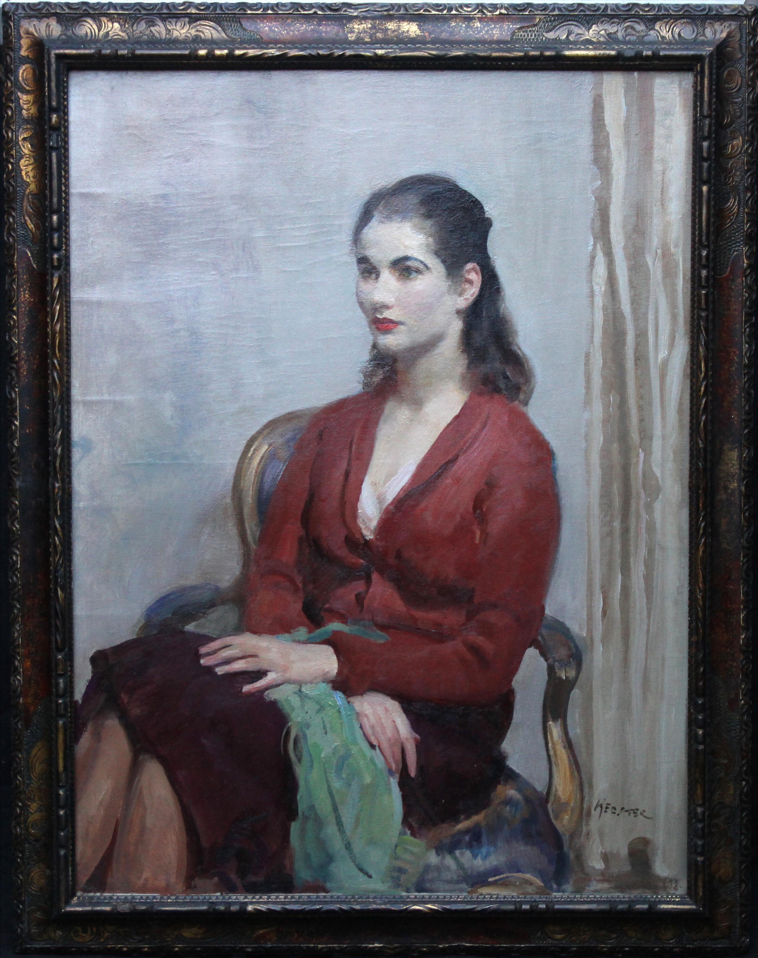 Portrait Painting Walter Ernest Webster - Portrait de jeune femme en rouge - Peinture à l'huile impressionniste britannique des années 20 - intérieur