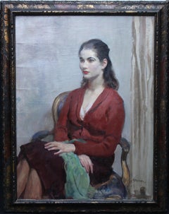 Antique Portrait of Young Lady in Red - British 20's Impressionist oil painting interior