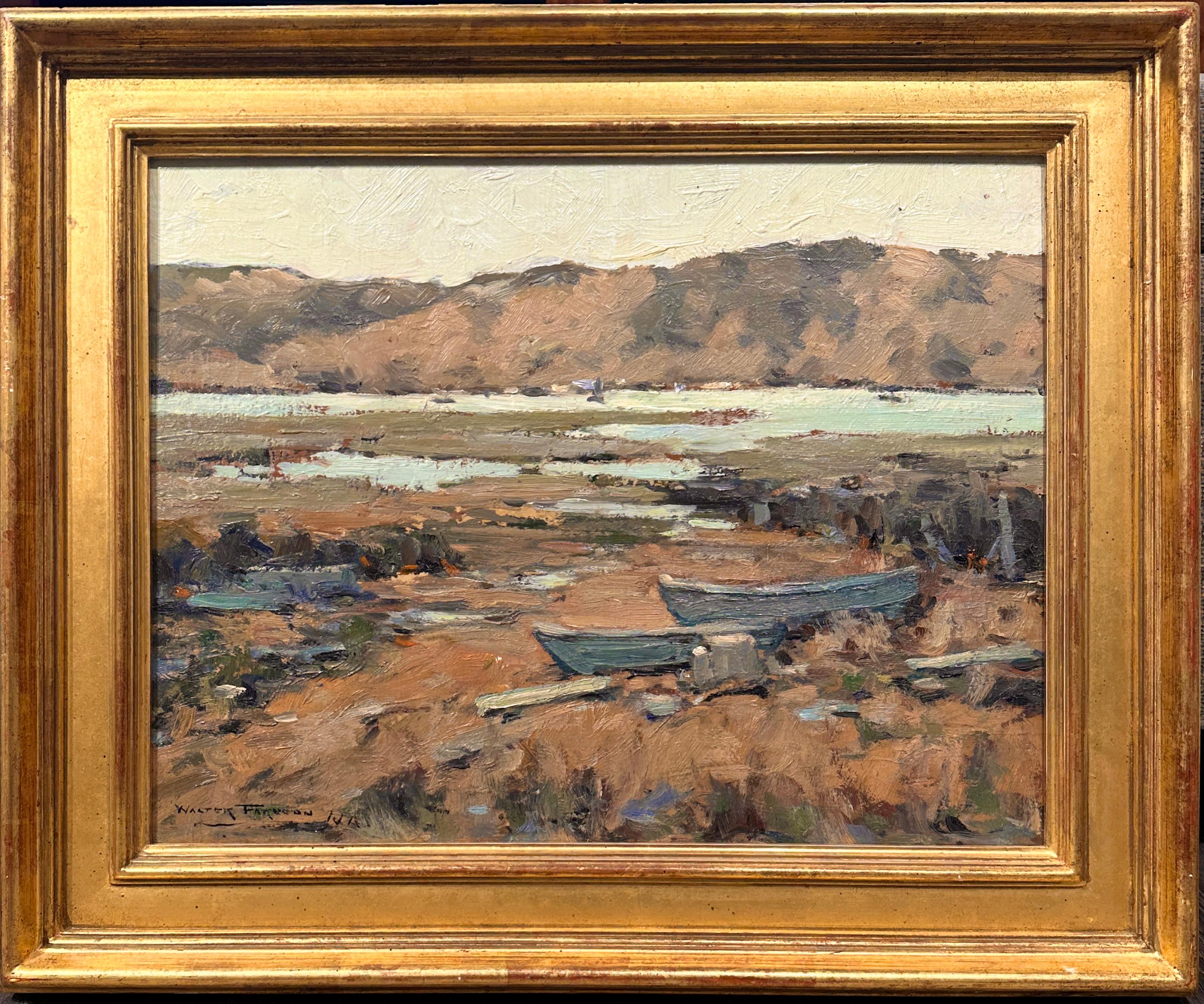 Walter Farndon — Boats Along the Marshes (Oil on Board) - Painting by Walter Fardon