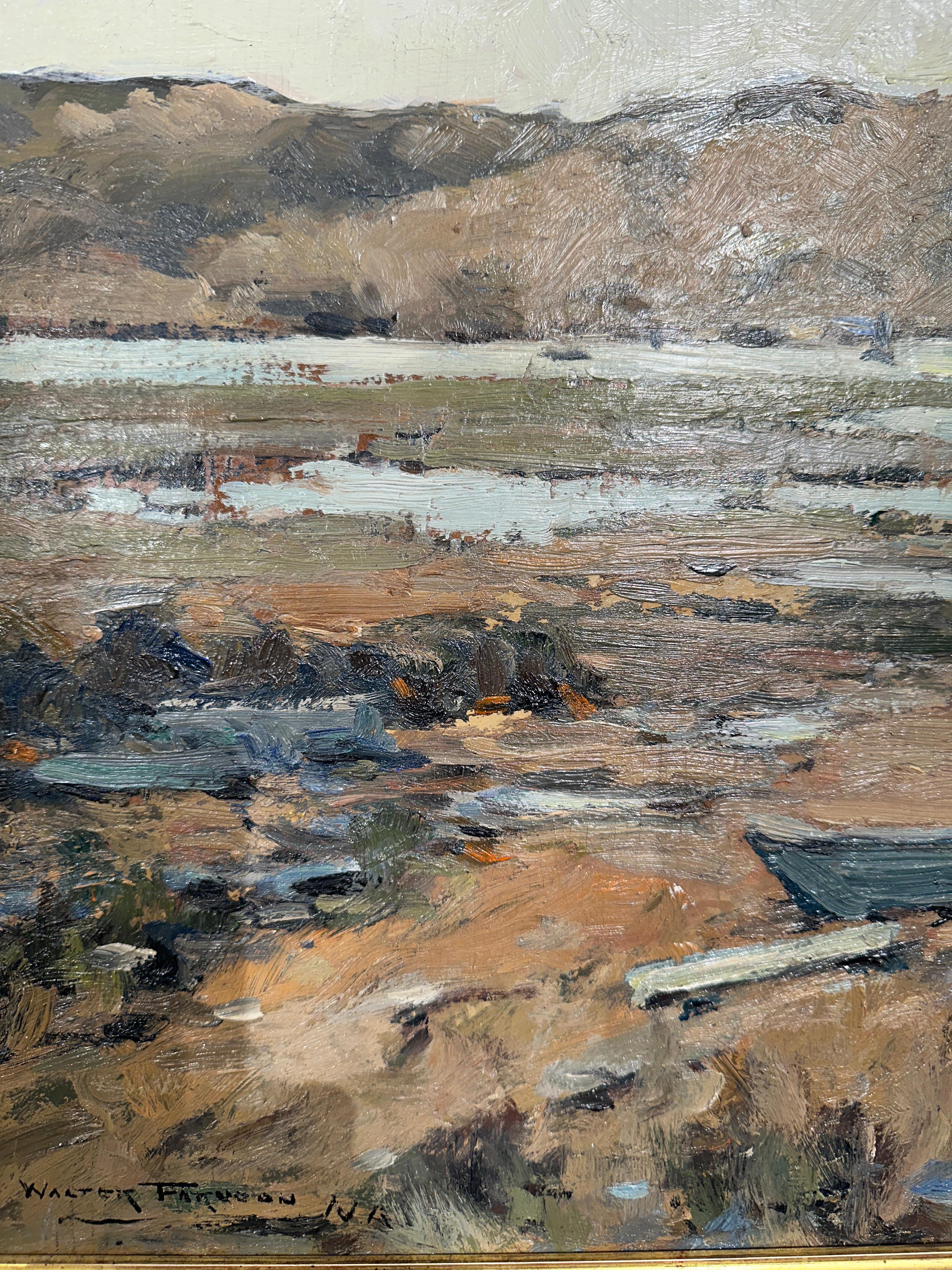 Walter Farndon — Boats Along the Marshes (Oil on Board) - American Impressionist Painting by Walter Fardon