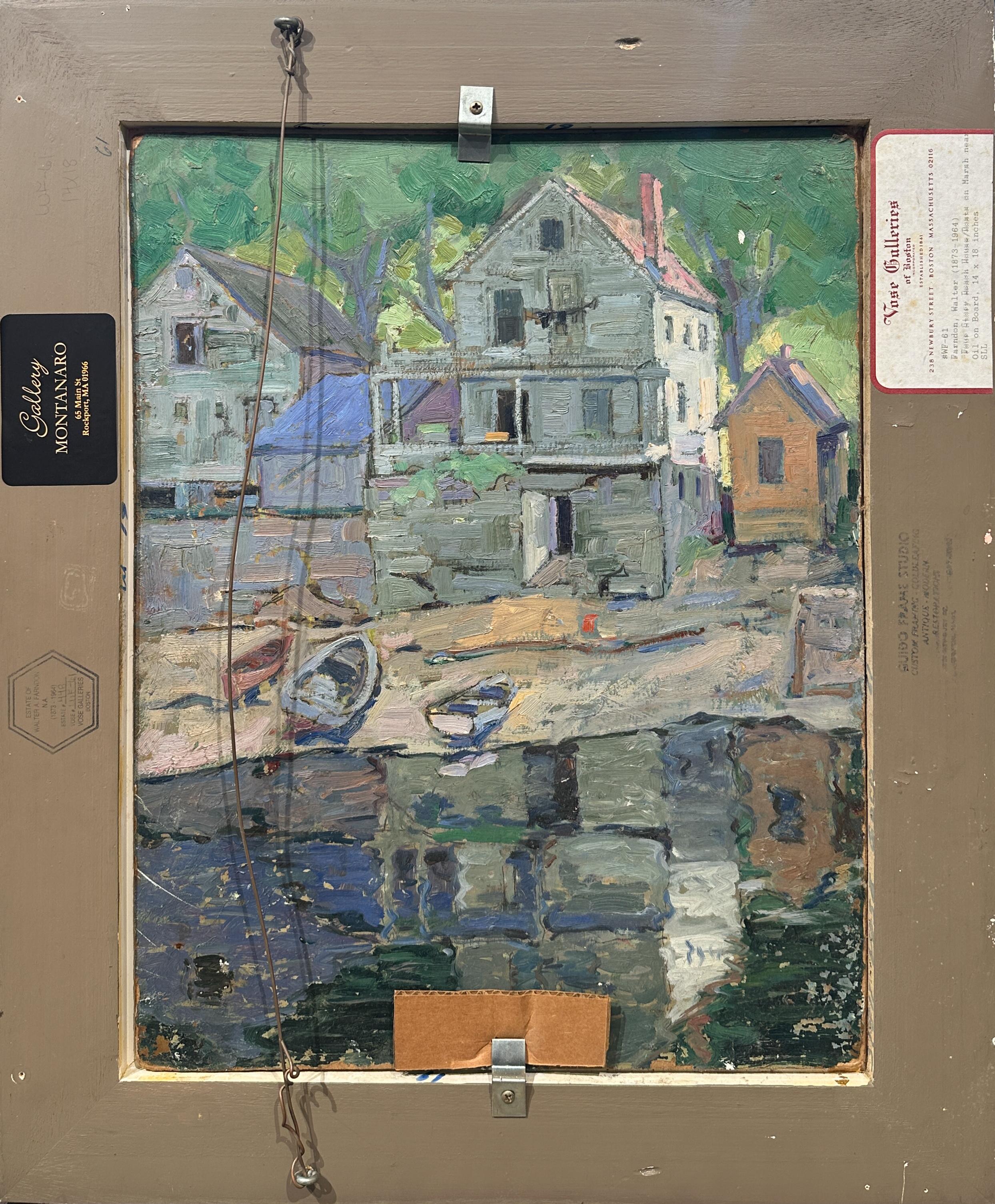 Walter Farndon — Boats Along the Marshes (Oil on Board) - Brown Landscape Painting by Walter Fardon