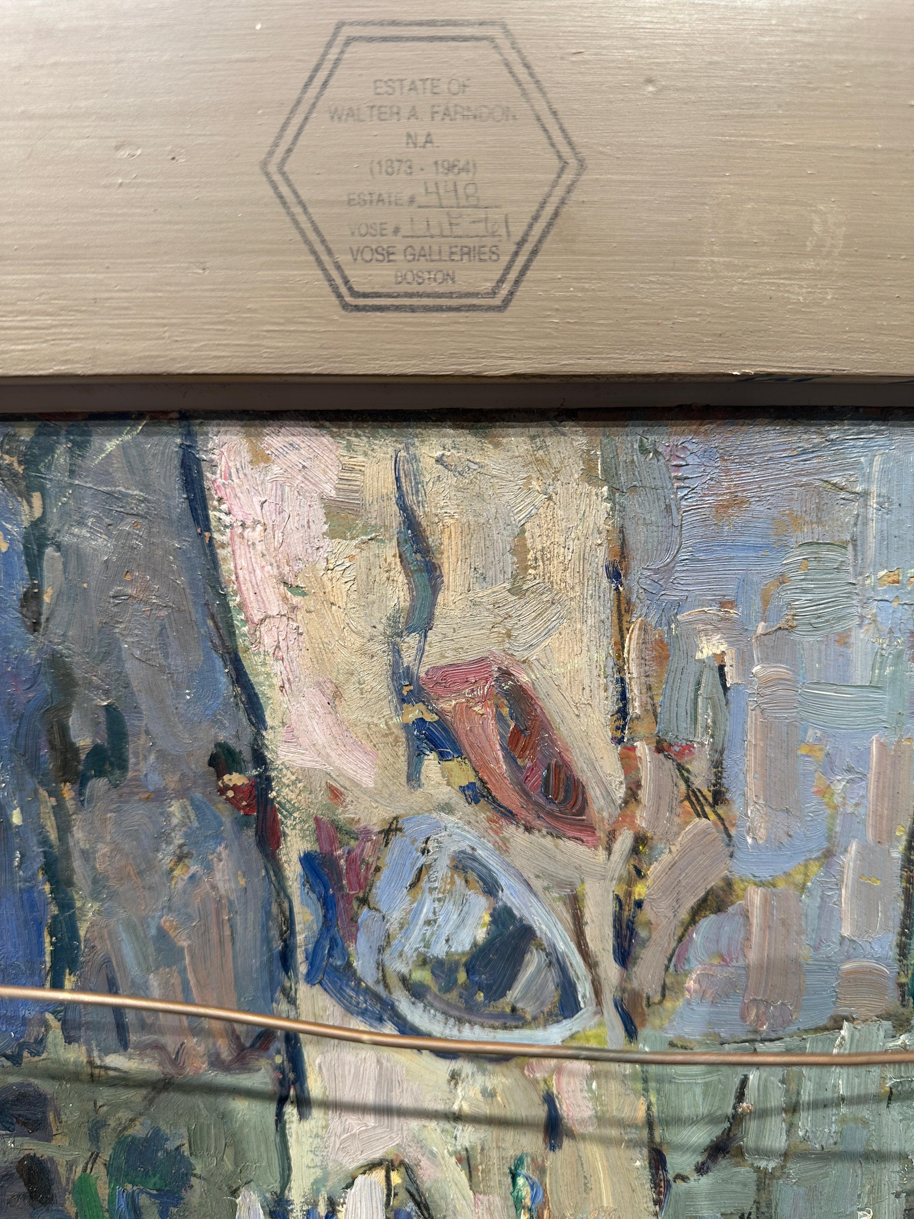 Walter Farndon (1876–1964) captures the quiet beauty of the coastal marshlands in this richly textured oil painting. With his signature impasto brushwork and earthy palette, Farndon depicts two small rowboats resting along the tide flats under a