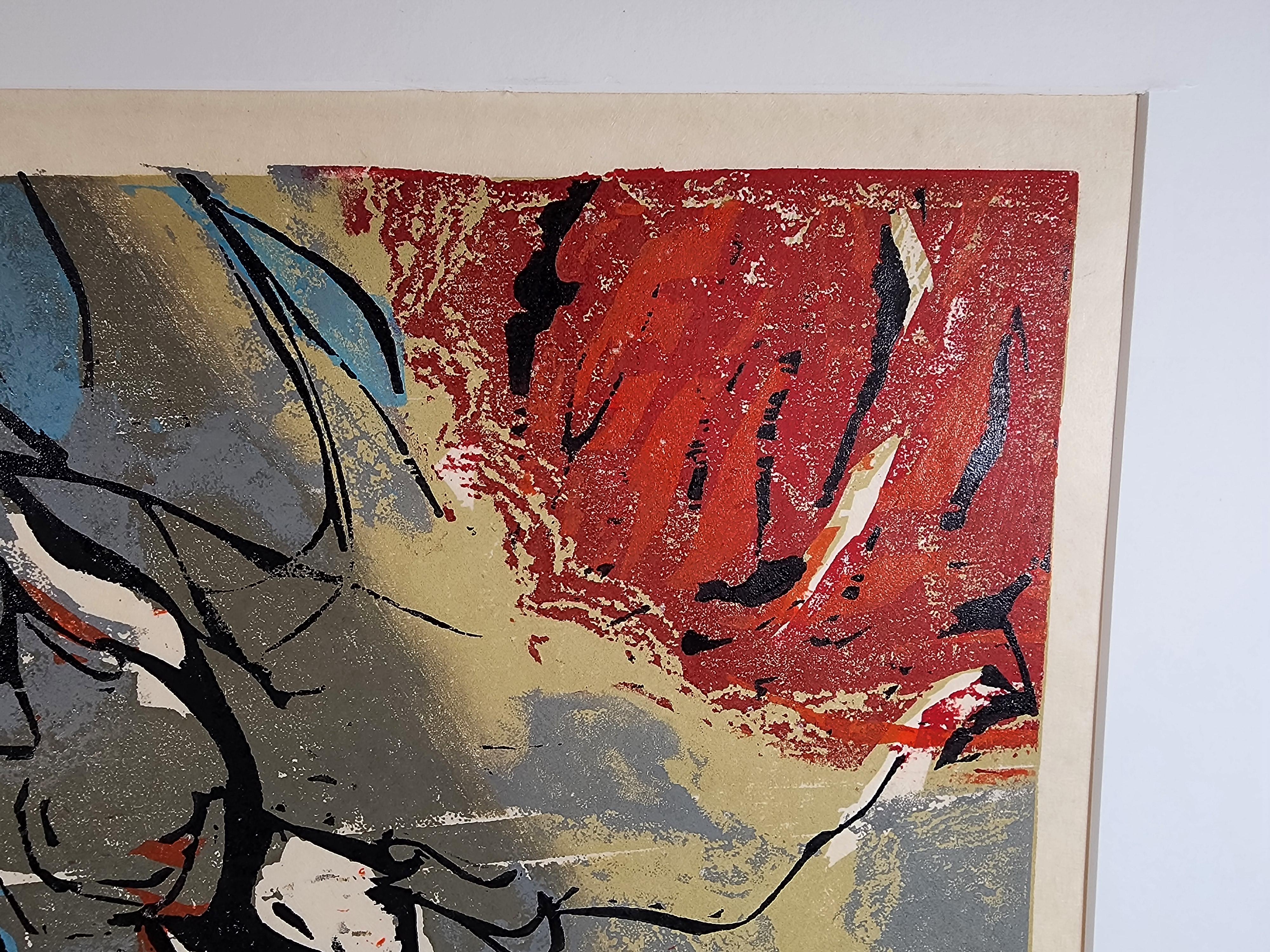 Five color woodcut by the Massachusetts artist Walter Feldman.  Feldman had a distinguished career as a graduate of the Yale art program and professor of art at Brown University.
See his biography below:

Walter Feldman was born in 1925 in Lynn
