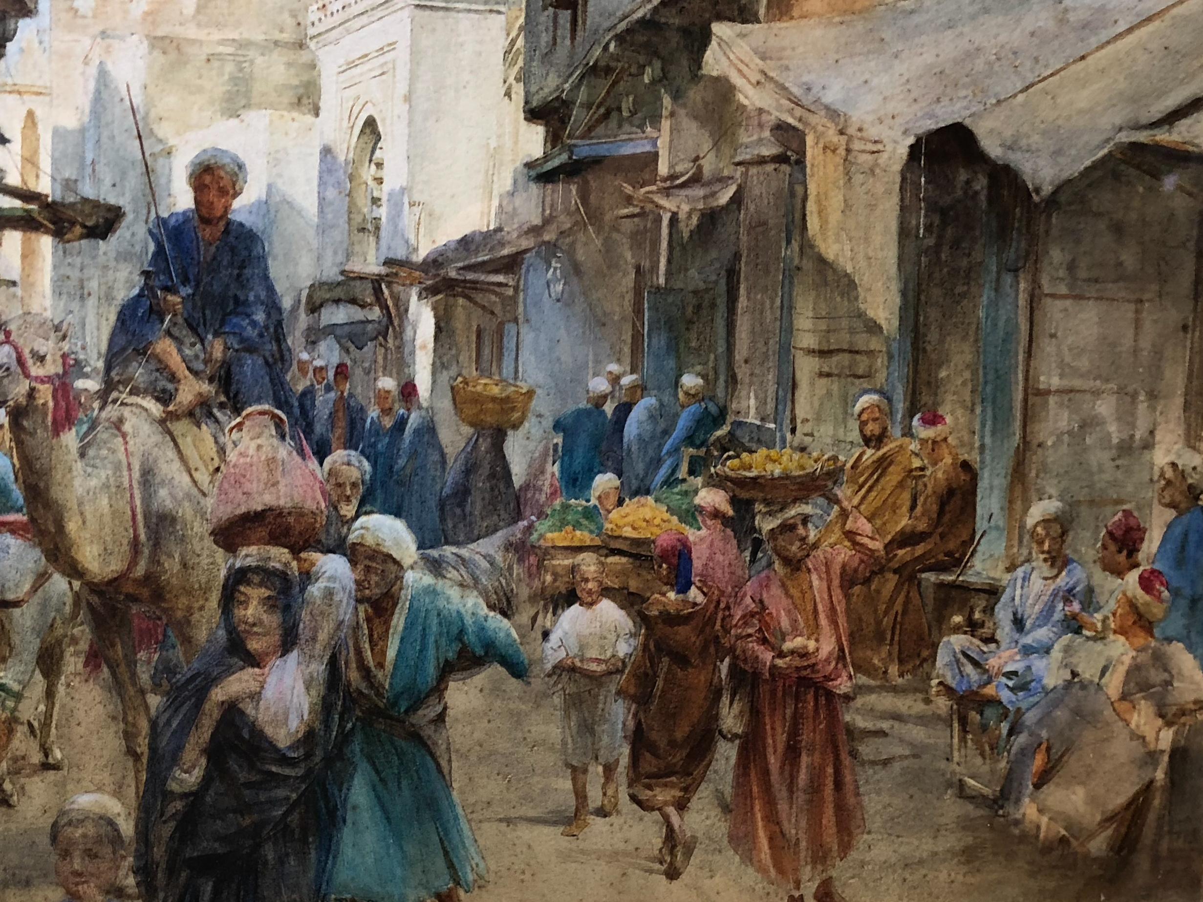 Bazaar Scene in Cairo - Brown Landscape Painting by WALTER FREDERICK ROOFE TYNDALE