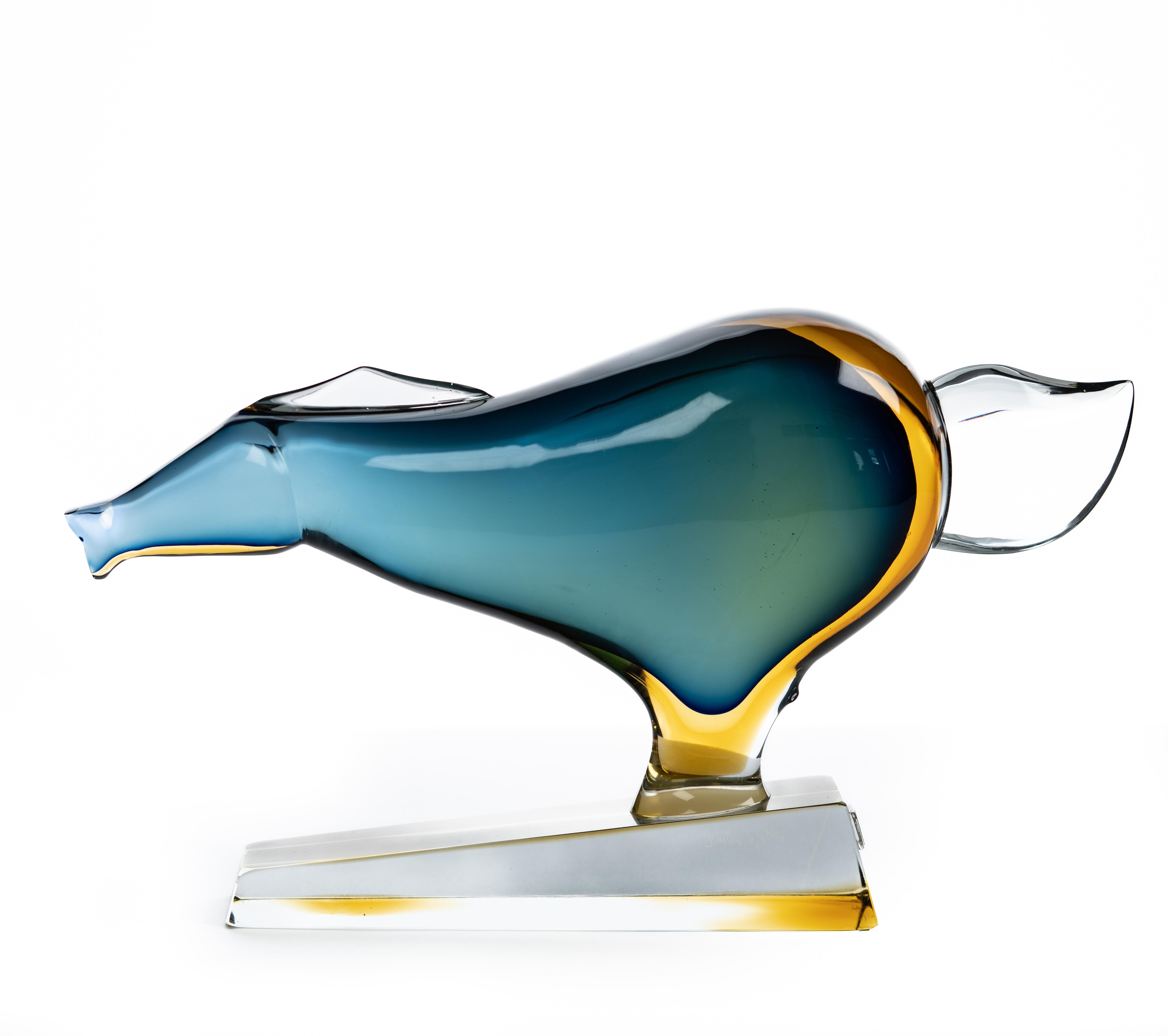 Signed Handblown glass sylized horse, blue, inspired by Picasso. Made by Walter Furlan and measures approx 13