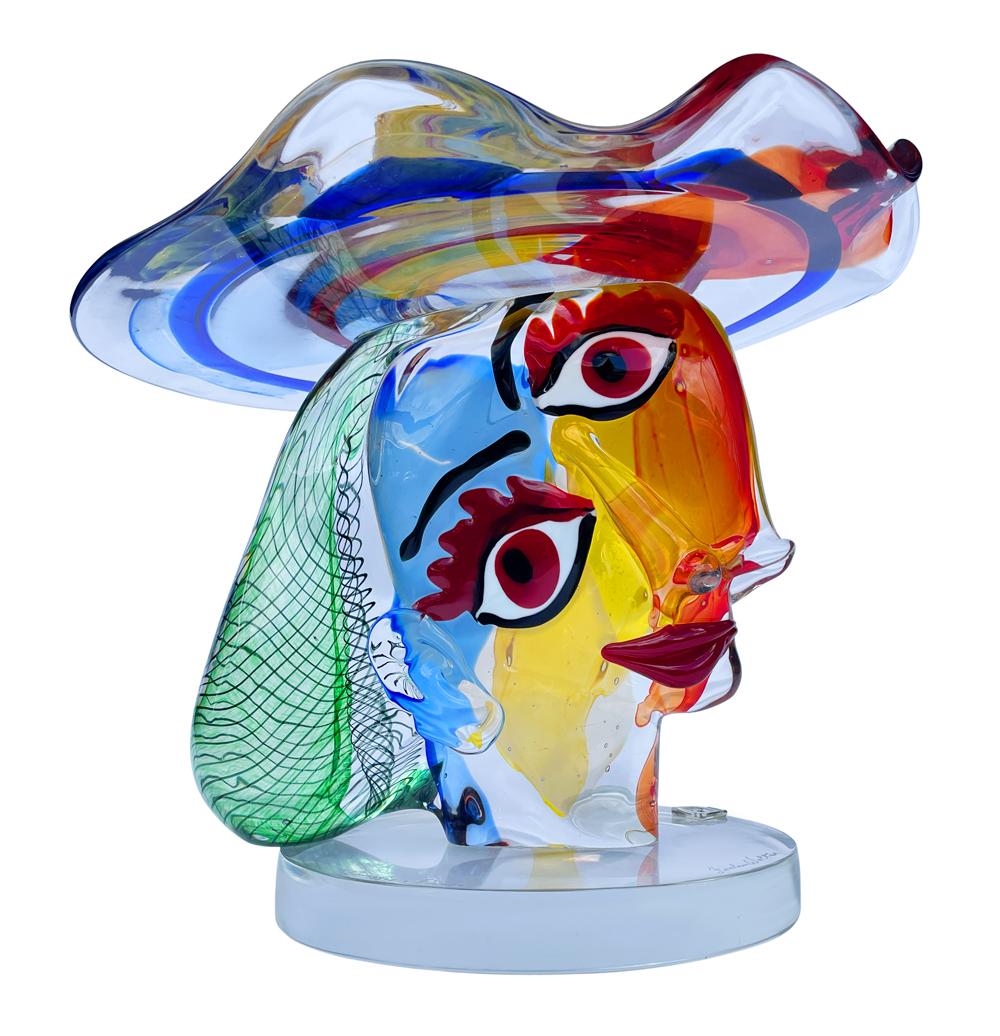 A masterful art glass sculpture by Walter Furlan for Murano. Stunning vibrant colors. Signed by Artist and titled Homage to Picasso.
