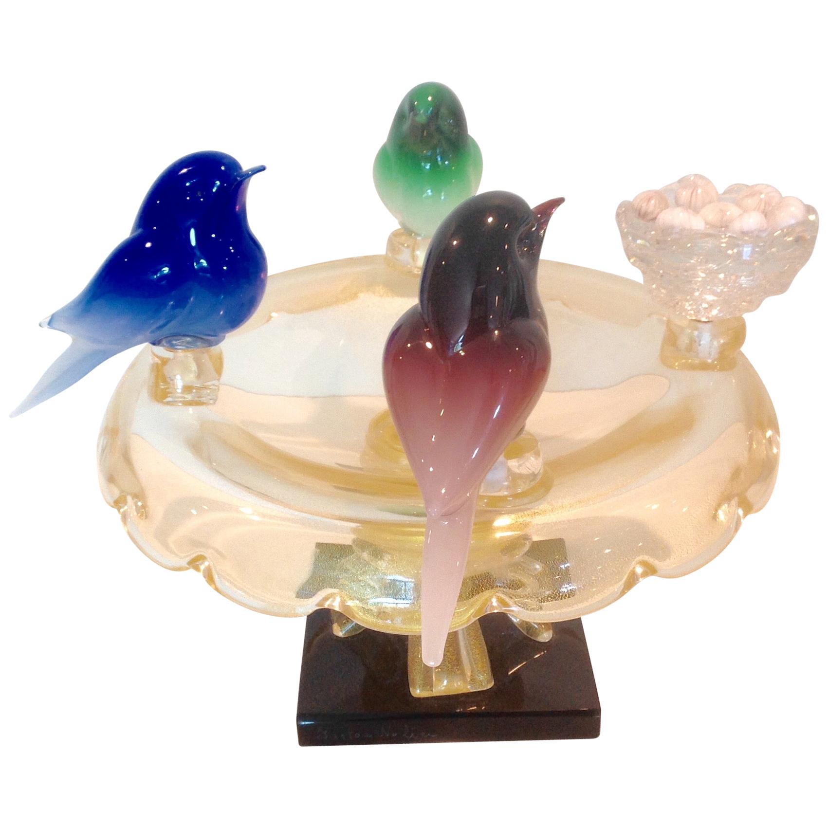 Walter Furlan Murano Sculpture Bird Bath with Birds and Eggs For Sale