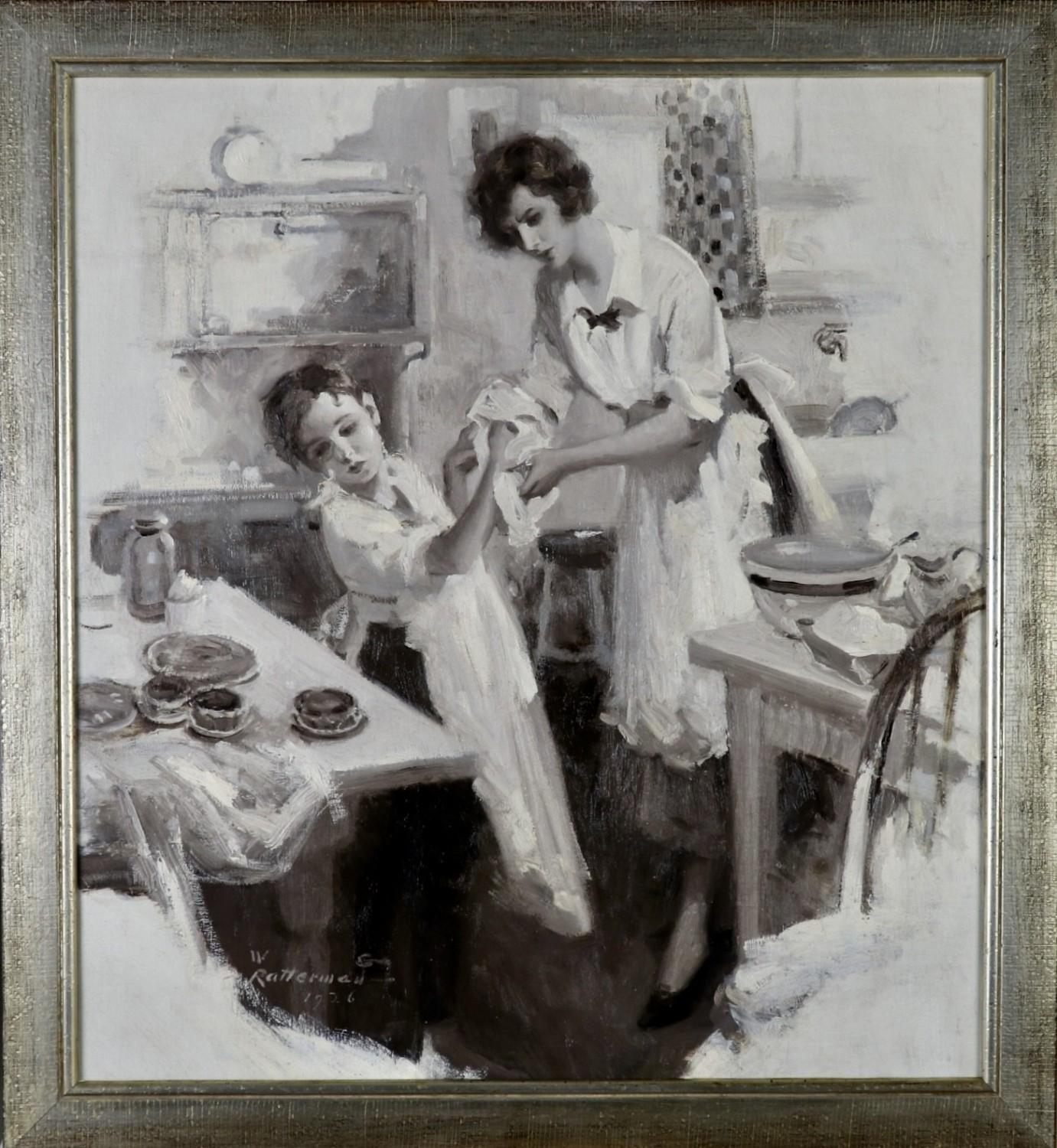 Ein Junge wäscht sich mit Hilfe seiner Mutter die Hände, während er ihr in der Küche assistiert. Wahrscheinlich Illustration einer Zeitschriftengeschichte


Medium: Öl auf Leinwand
Abmessungen des Kunstwerks (Sicht): 27.5