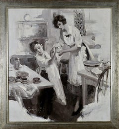 Junge trocknet sich die Hände mit Hilfe seiner Mutter, wahrscheinlich Illustration einer Zeitschriftengeschichte