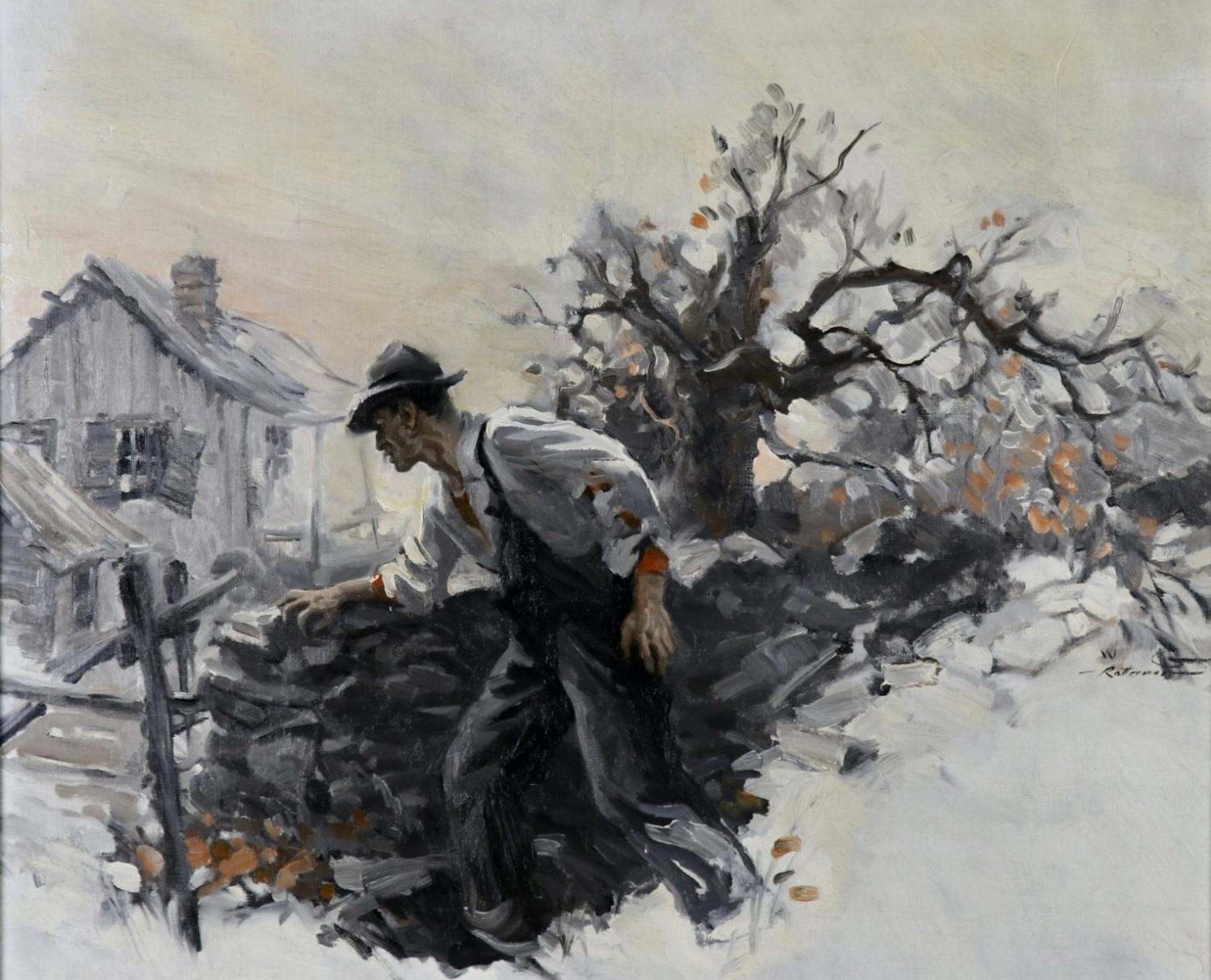 Uomo vicino a un muro di pietra, probabile illustrazione di una storia della rivista - Painting di Walter G. Ratterman
