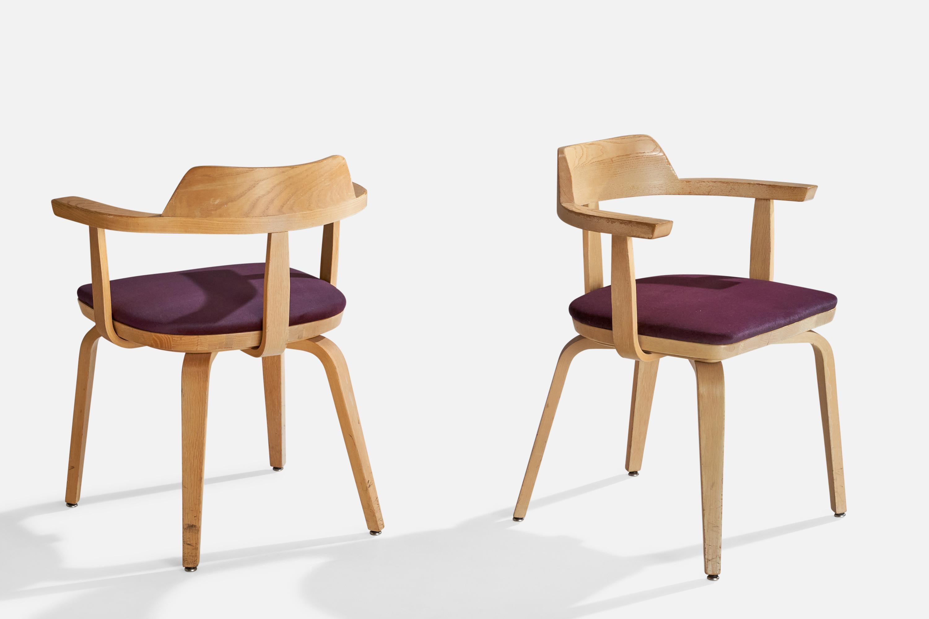 American Walter Gropius, Armchairs, Oak, Velvet, USA, 1970s For Sale