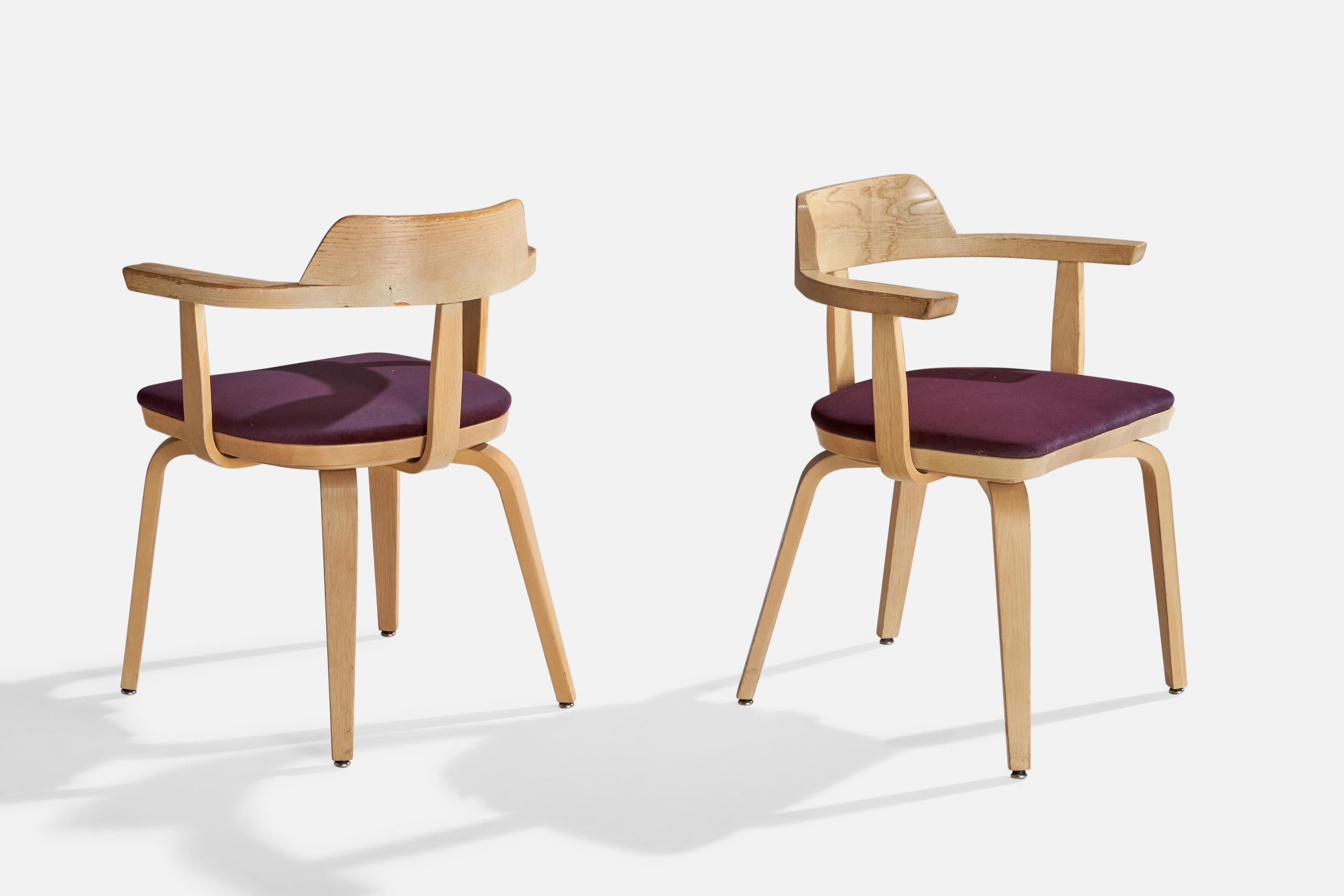 American Walter Gropius, Armchairs, Oak, Velvet, USA, 1970s For Sale
