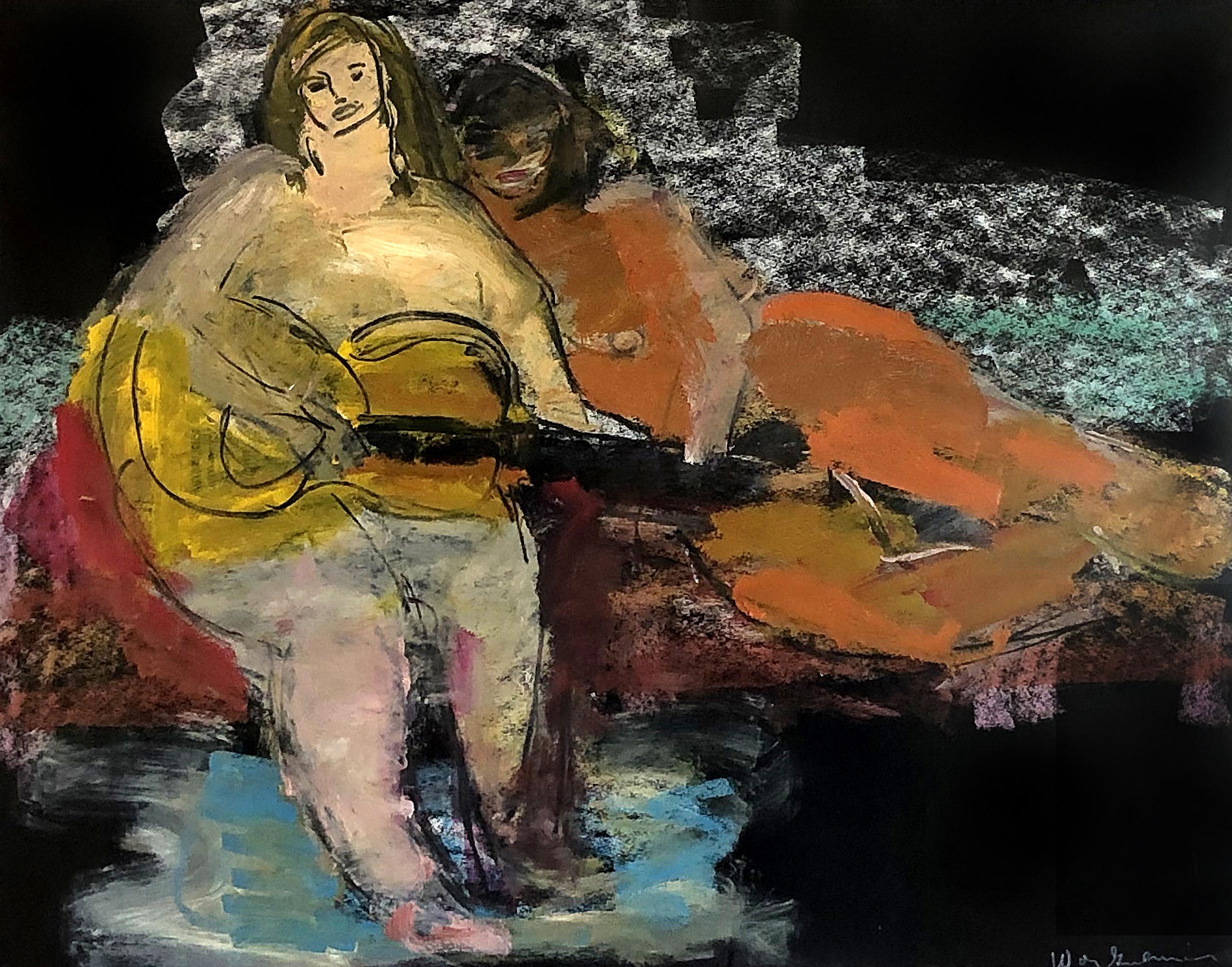 Walter Gutman midcentury abstract figurative drawing in pastel on paper

Offered for sale is a Mid-Century Modern figurative abstract pastel drawing by Walter Gutman, (American 1903-1986). The colorful drawing in pastels on paper depicts two women