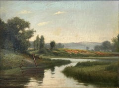 "On The Hudson" American Tonalist Landscape Oil Painting on Canvas Antique Frame