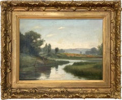 "On The Hudson" American Tonalist Landscape Oil Painting on Canvas Antique Frame