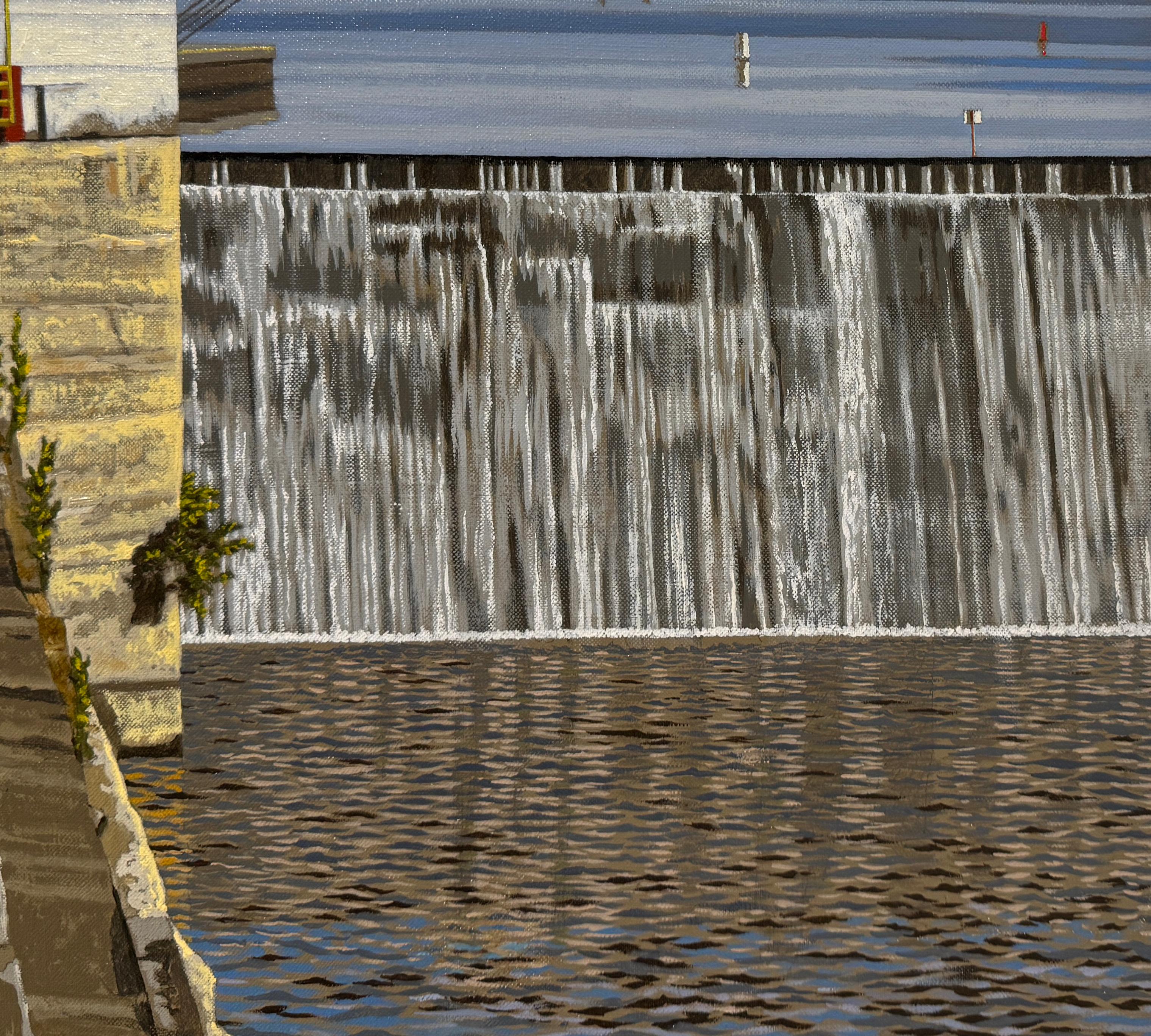 ERIE CANAL, LOCK #7 - Paysage aquatique / Industrial / Realism / New York State - Gris Landscape Painting par Walter Hatke