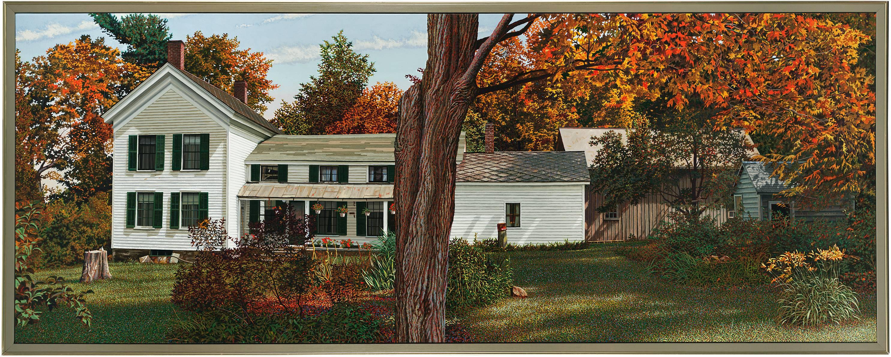 Upstate, Oil painting of a White House in Autumn by Walter Hatke, mid 1990s 1