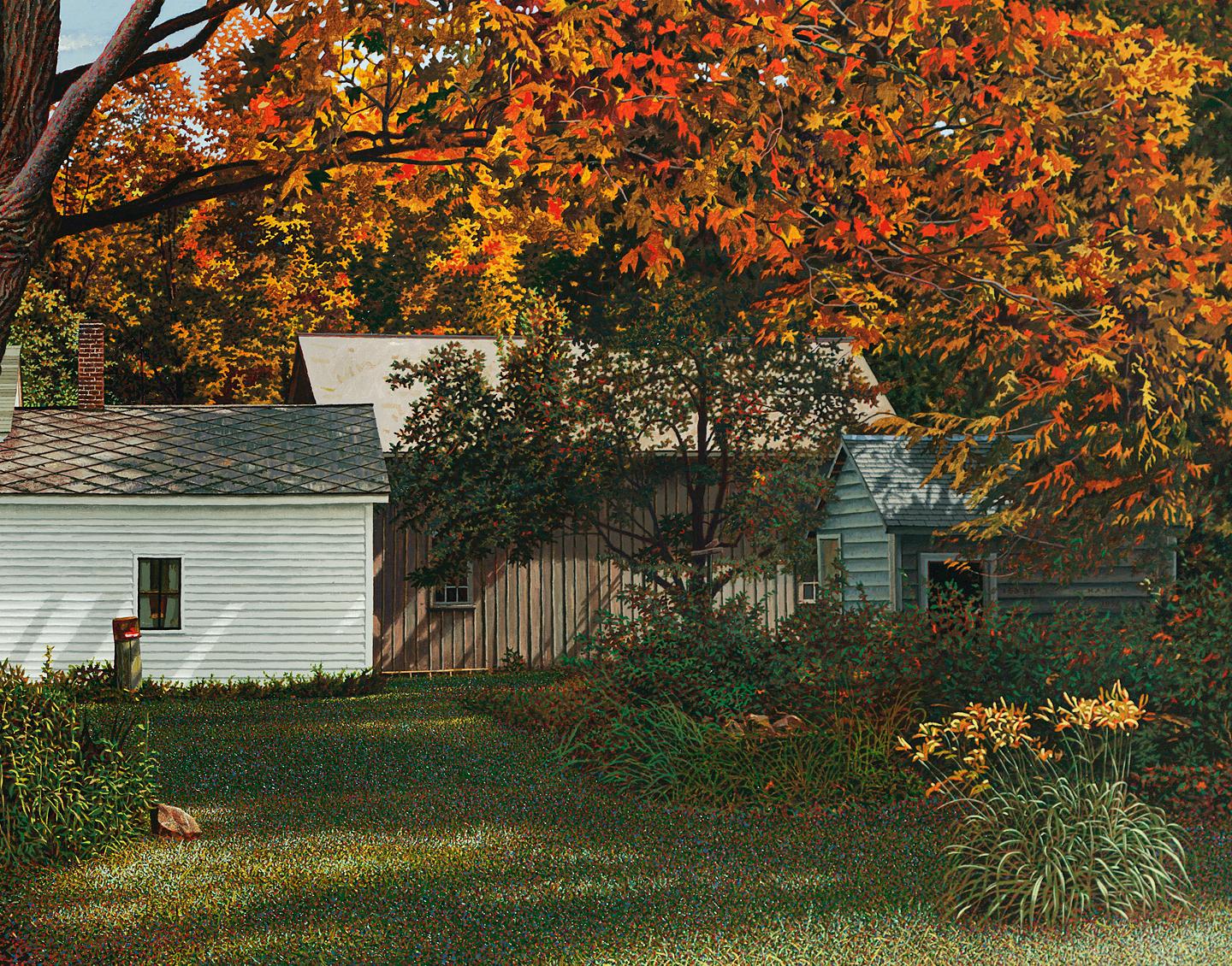 Upstate, Oil painting of a White House in Autumn by Walter Hatke, mid 1990s 2