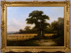 19th Century harvest scene landscape oil painting 