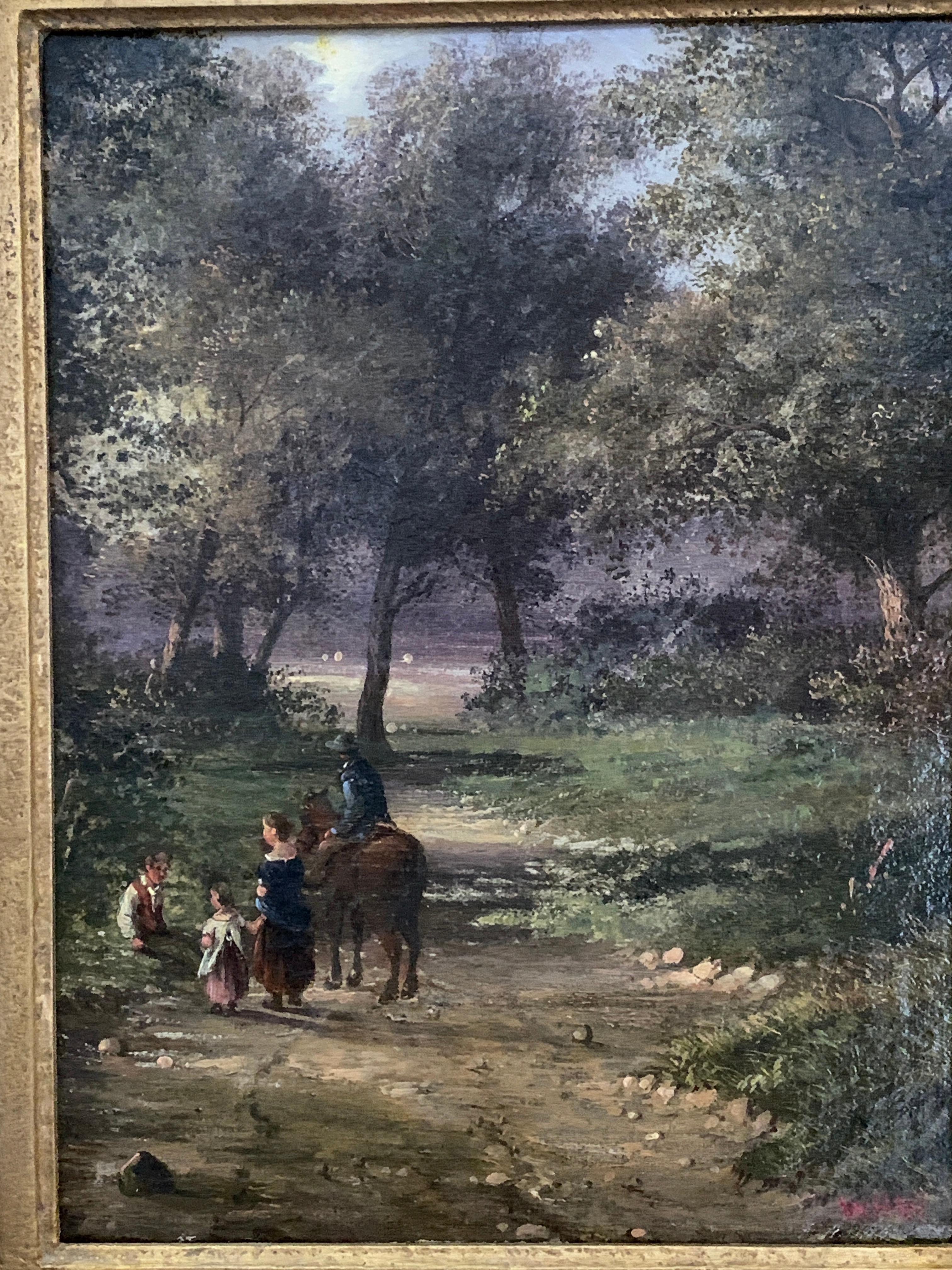 English 19th century landscape with figures and a man on a horse in a woodland - Painting by Walter Heath Williams