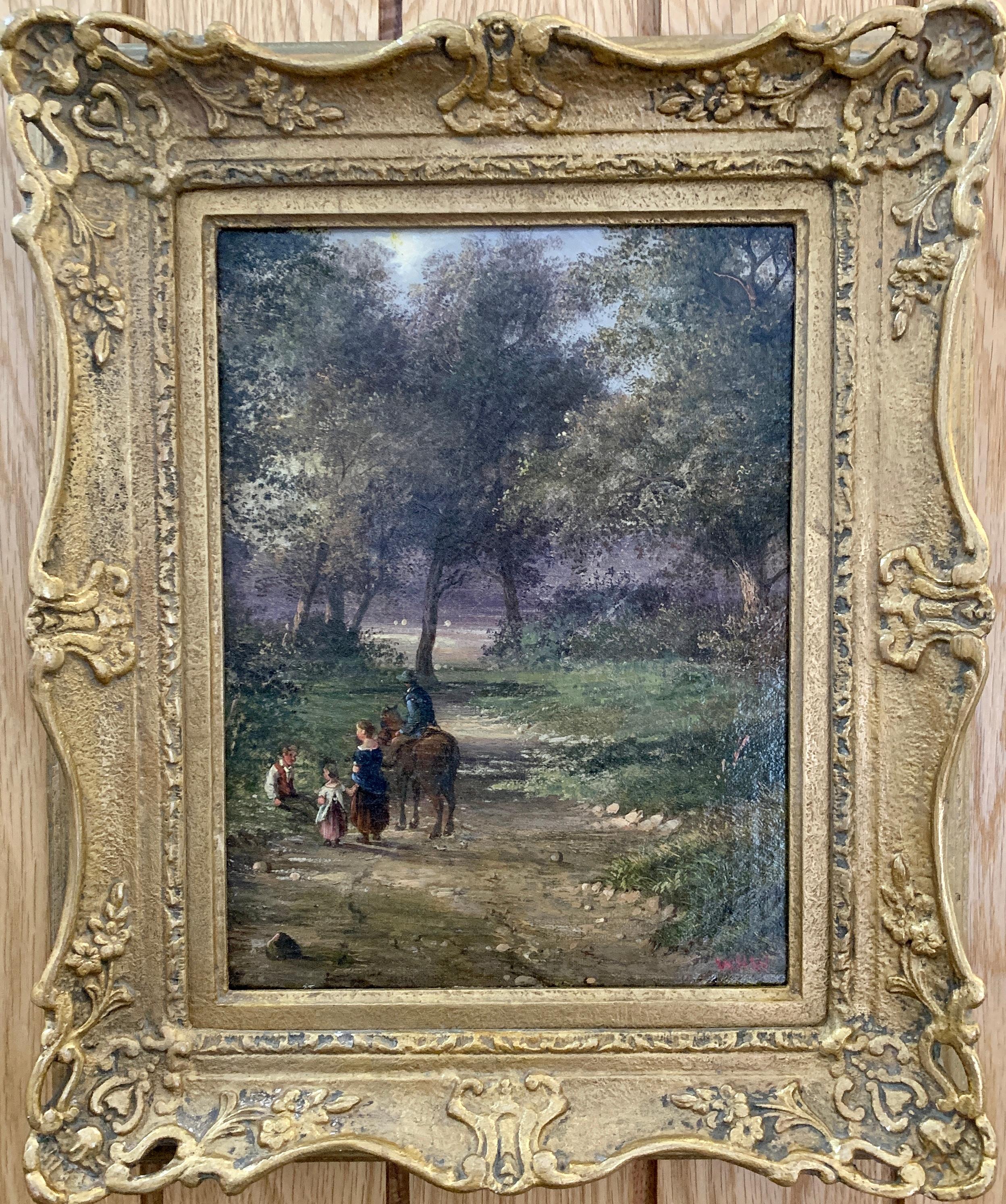 Walter Heath Williams Figurative Painting - English 19th century landscape with figures and a man on a horse in a woodland