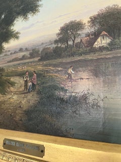 Paisaje victoriano al óleo en el oeste del país con un pescador y unos chicos charlando en una callejuela