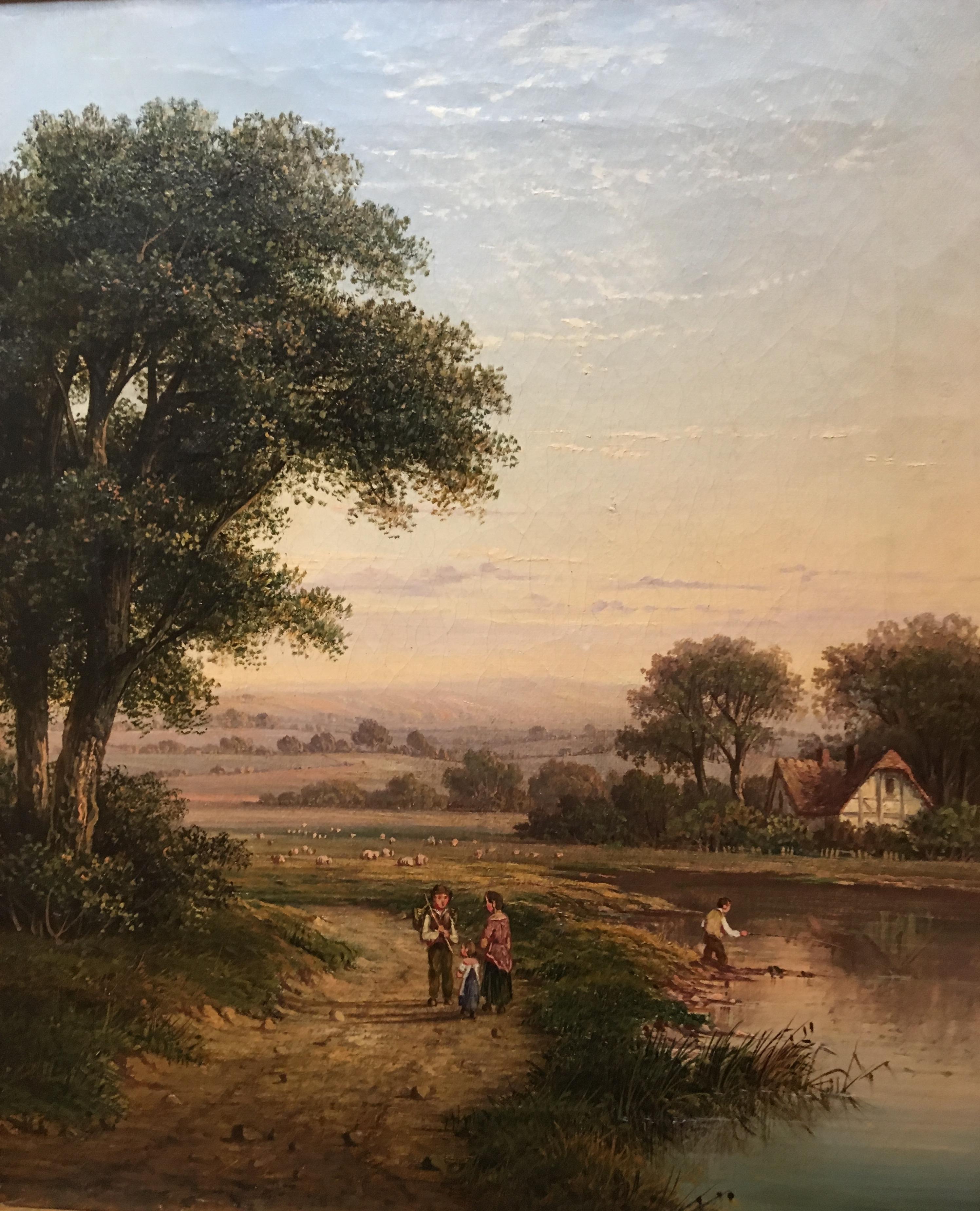 Viktorianische Landschaft, Ölgemälde im Westen des Landes mit Fischern und Jungen in Lane, viktorianisch