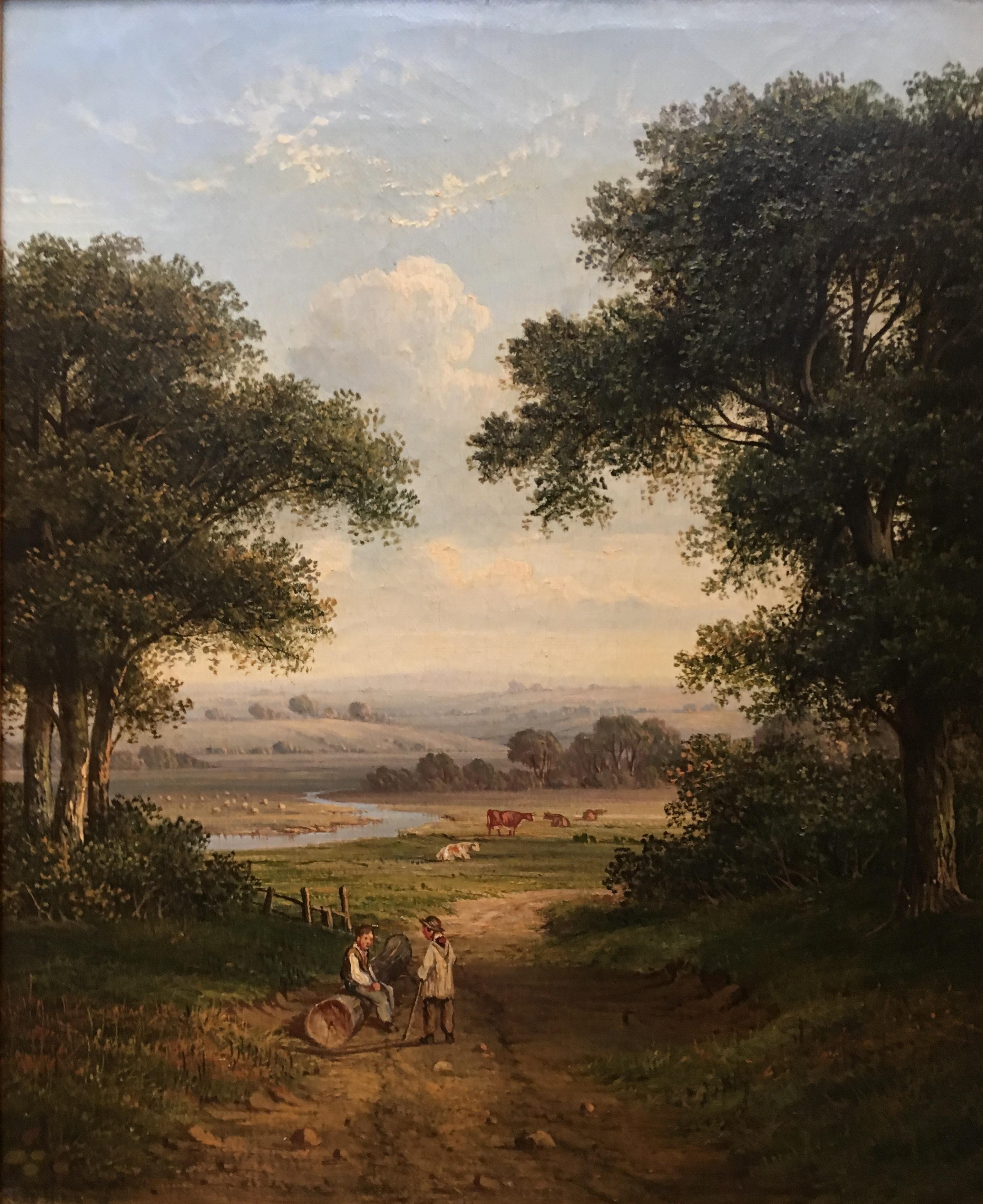 Viktorianische Landschaft, Ölgemälde in West-Landschaft, Jungen beim Chatten in der Landstraße, gerahmt