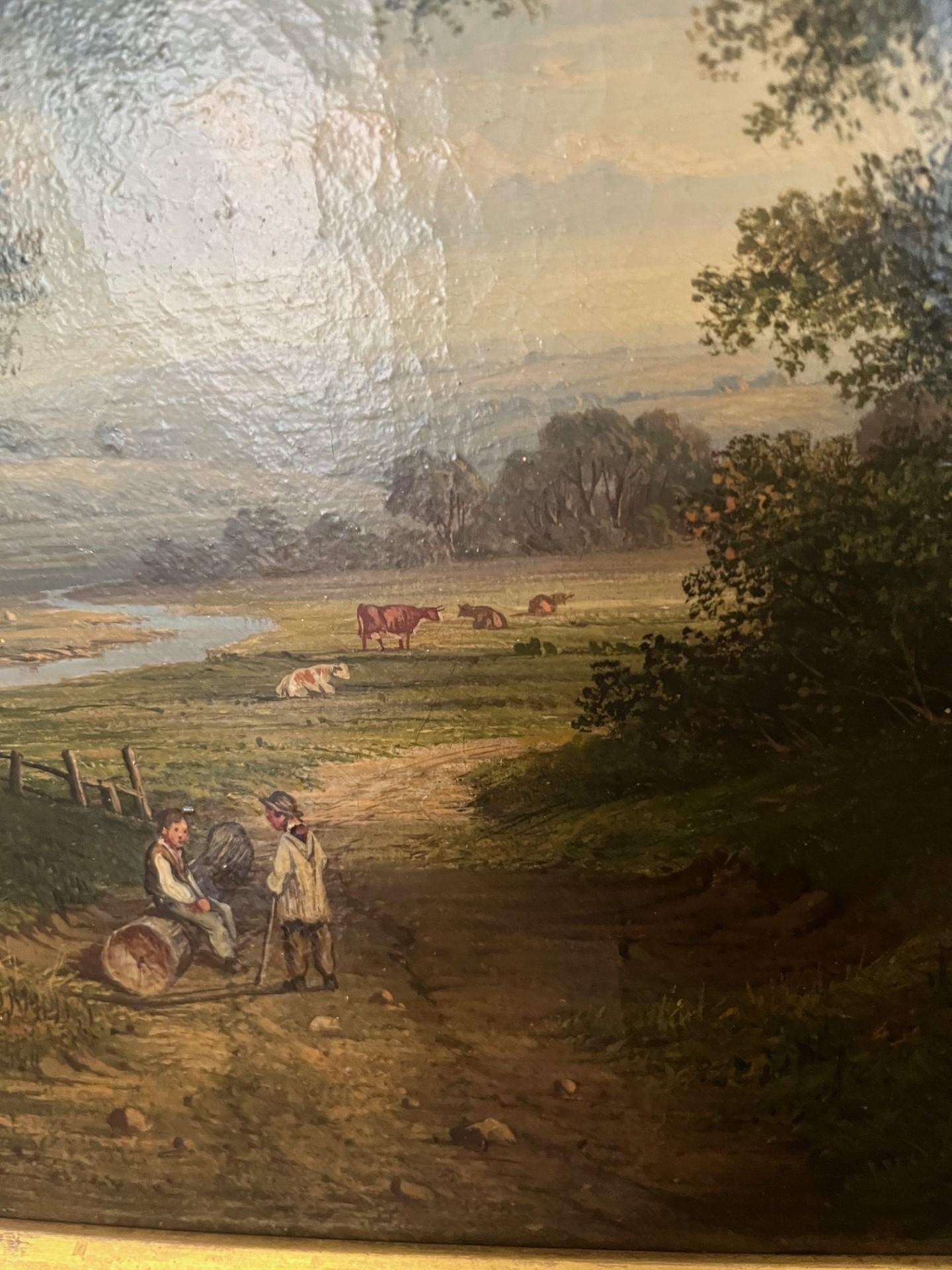 Paysage victorien à l'huile dans la campagne de l'Ouest garçons discutant dans un chemin de campagne encadré - École anglaise Art par Walter Heath Williams