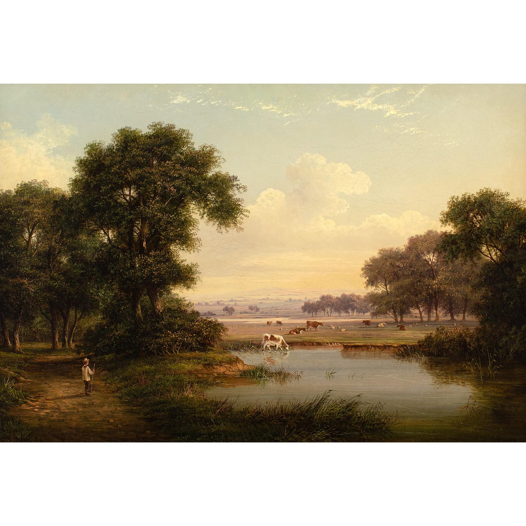 This charming 19th-century oil painting by British artist Walter Heath Williams (fl.1841-1876) depicts a pastoral scene with cattle, pond, and figure.

Under a blissful sky with occasional drifting clouds, several cattle graze and take water. It’s