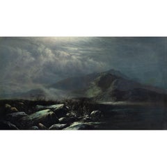 Montaña y río galeses, Nocturno, Pintura de paisaje, Pintura al óleo inglesa