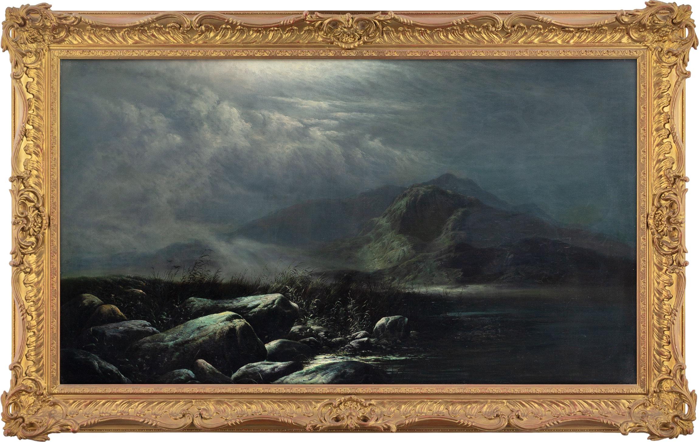 This atmospheric late 19th-century oil painting by English artist Walter Heath Williams (fl.1841-1876) depicts a moonlit Welsh mountain landscape with a river.

The composition is anchored by a strongly observed foreground of moss-covered rocks,