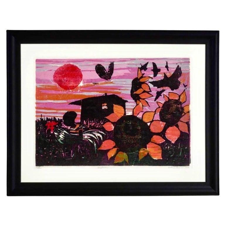 Walter Henry Williams Sunflowers at Sunset woodcut, signed, numbered, 1959, USA. Walter Henry Williams, Sunflowers, 1959 woodcut in colors on thin Japan paper, 14.25 h × 20 w in (36 × 51 cm). Signed, titled, dated and numbered to lower edge '167/200