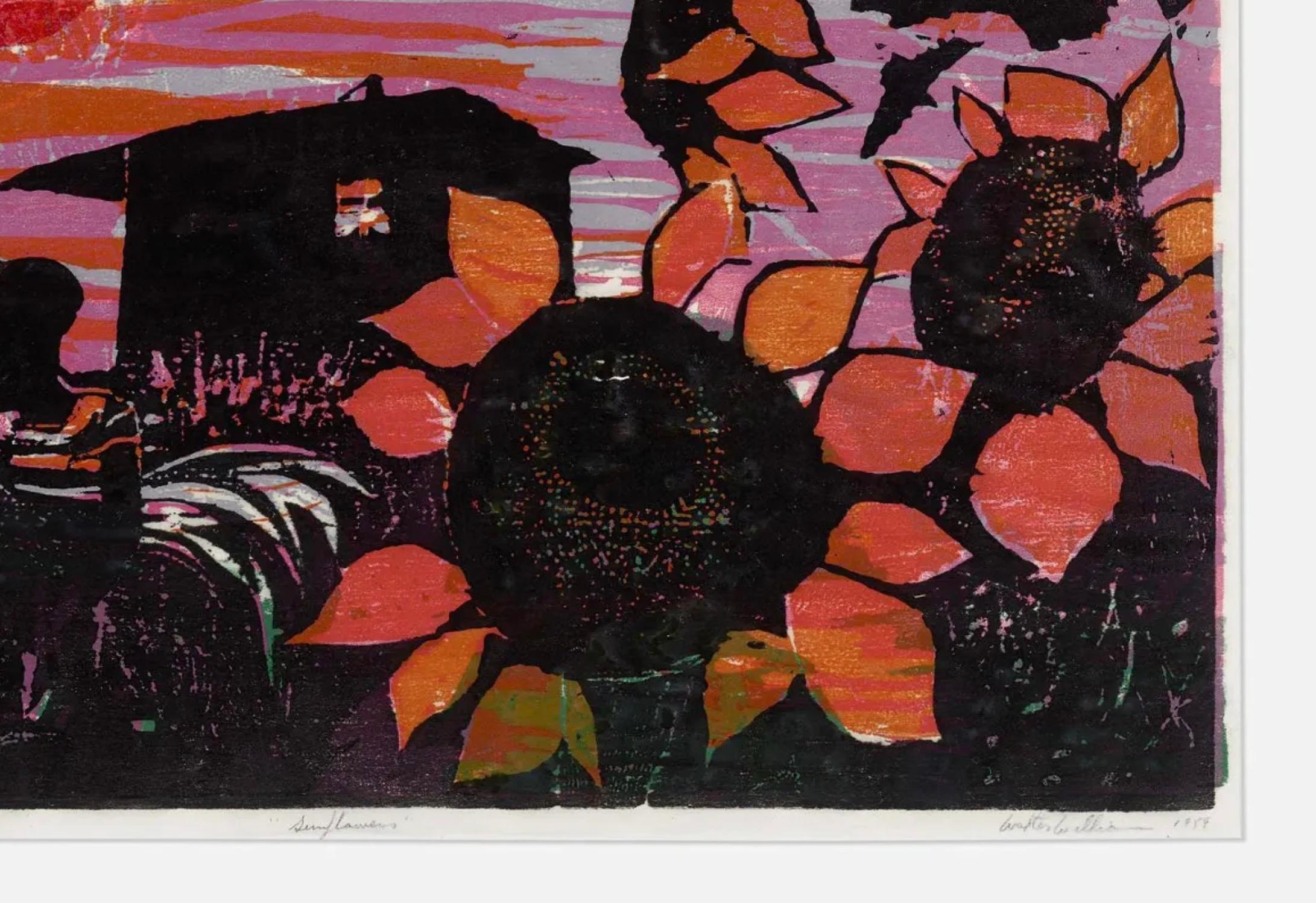 Sonnenblumen bei Sonnenuntergang im Holzschnitt von Walter Henry Williams, signiert, nummeriert, 1959, USA (amerikanisch) im Angebot