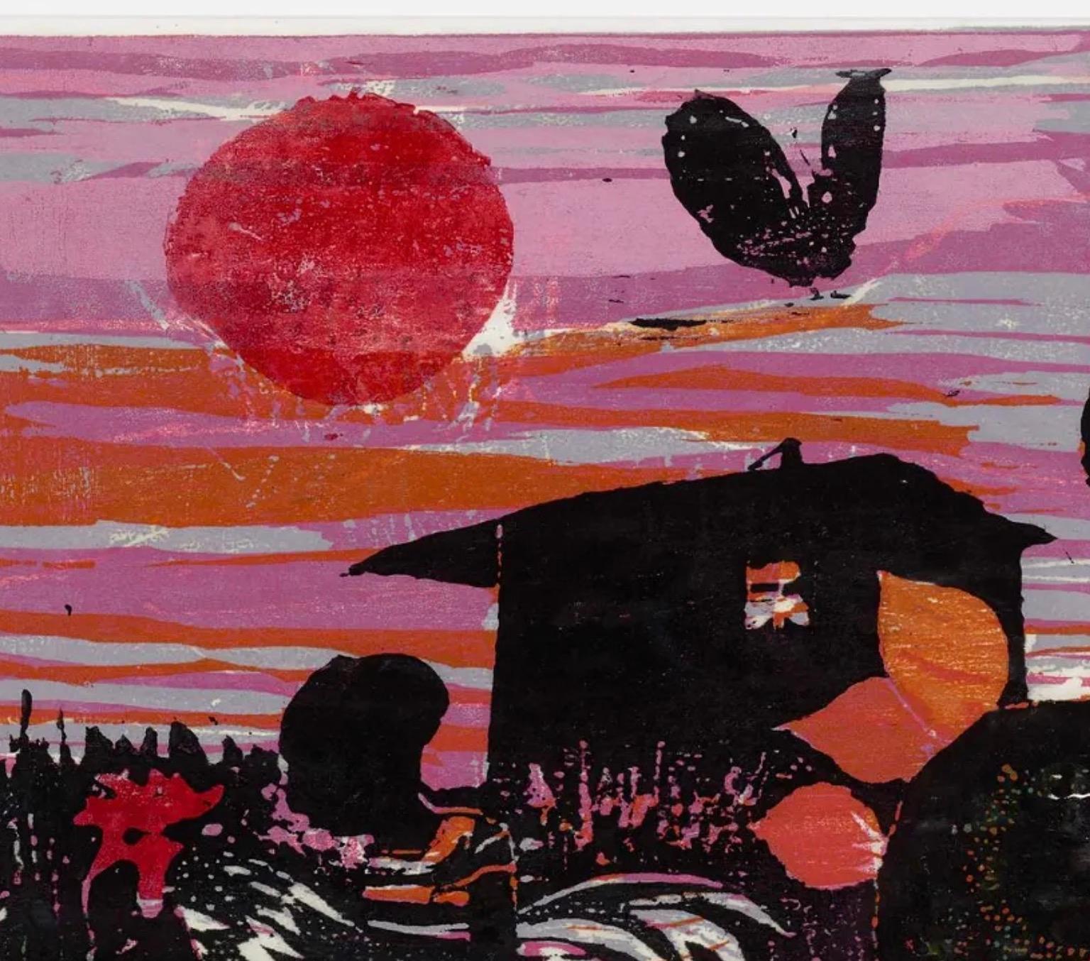 Sonnenblumen bei Sonnenuntergang im Holzschnitt von Walter Henry Williams, signiert, nummeriert, 1959, USA im Zustand „Gut“ im Angebot in Brooklyn, NY