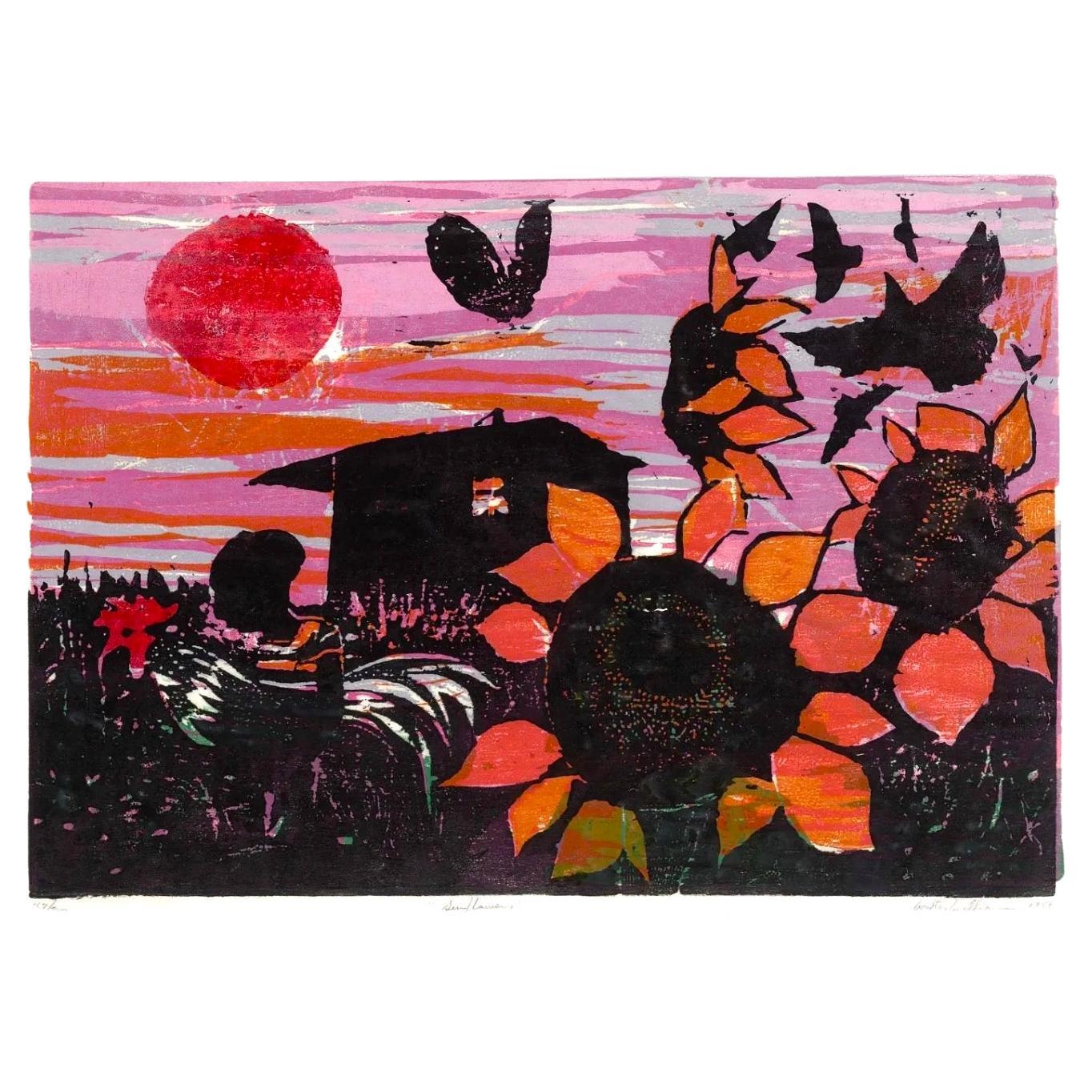 Walter Henry Williams Sunflowers at Sunset woodcut, signed, numbered, 1959, USA. Walter Henry Williams, Sunflowers, 1959 woodcut in colors on thin Japan paper, 14.25 h × 20 w in (36 × 51 cm). Signed, titled, dated and numbered to lower edge '167/200