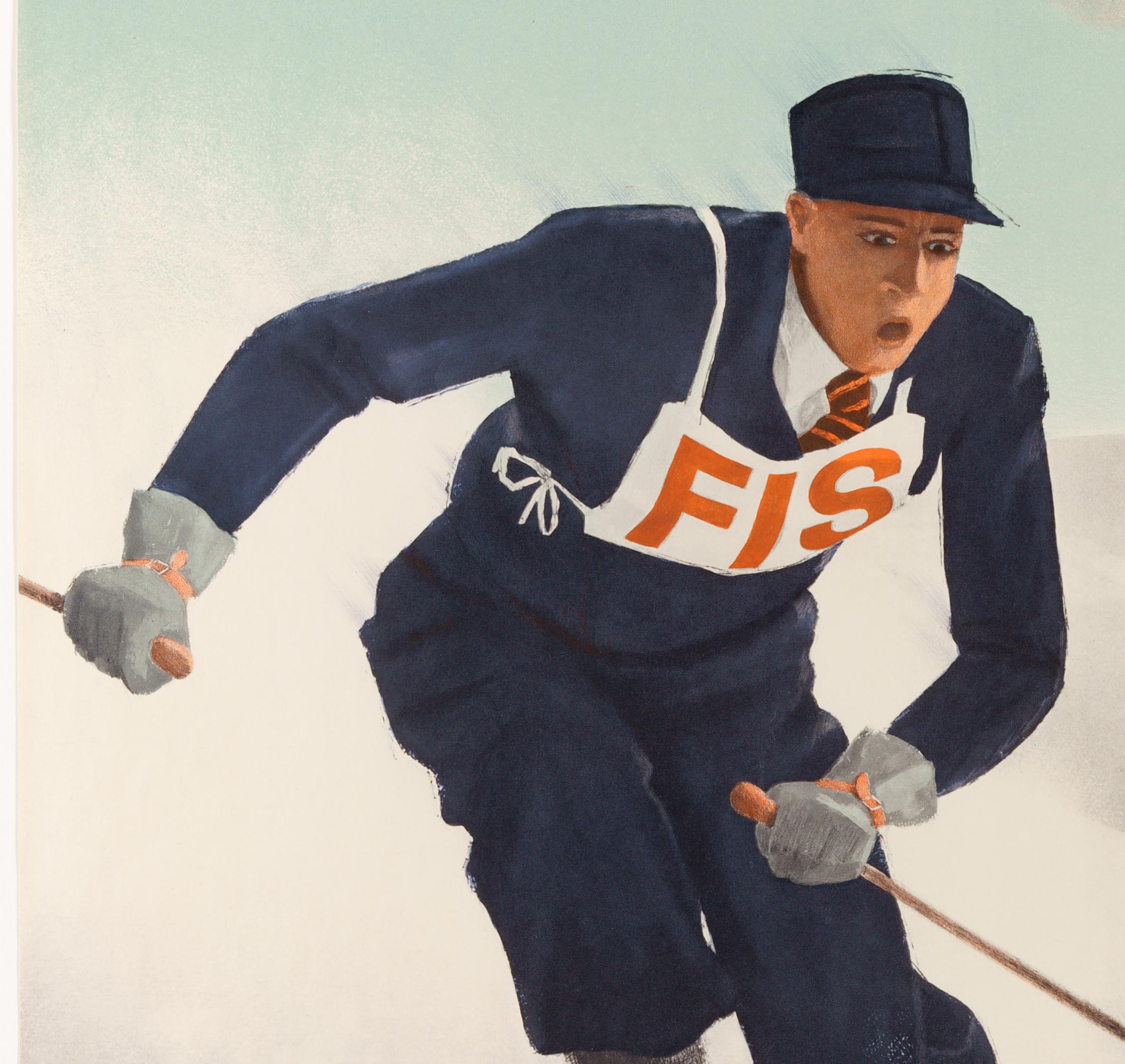St. Moritz – Swiss Original Winter Poster, Ski Race - Gray Landscape Print by Walter Herdeg