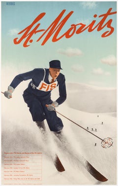 St. Moritz - Poster invernale originale svizzero, gara di sci