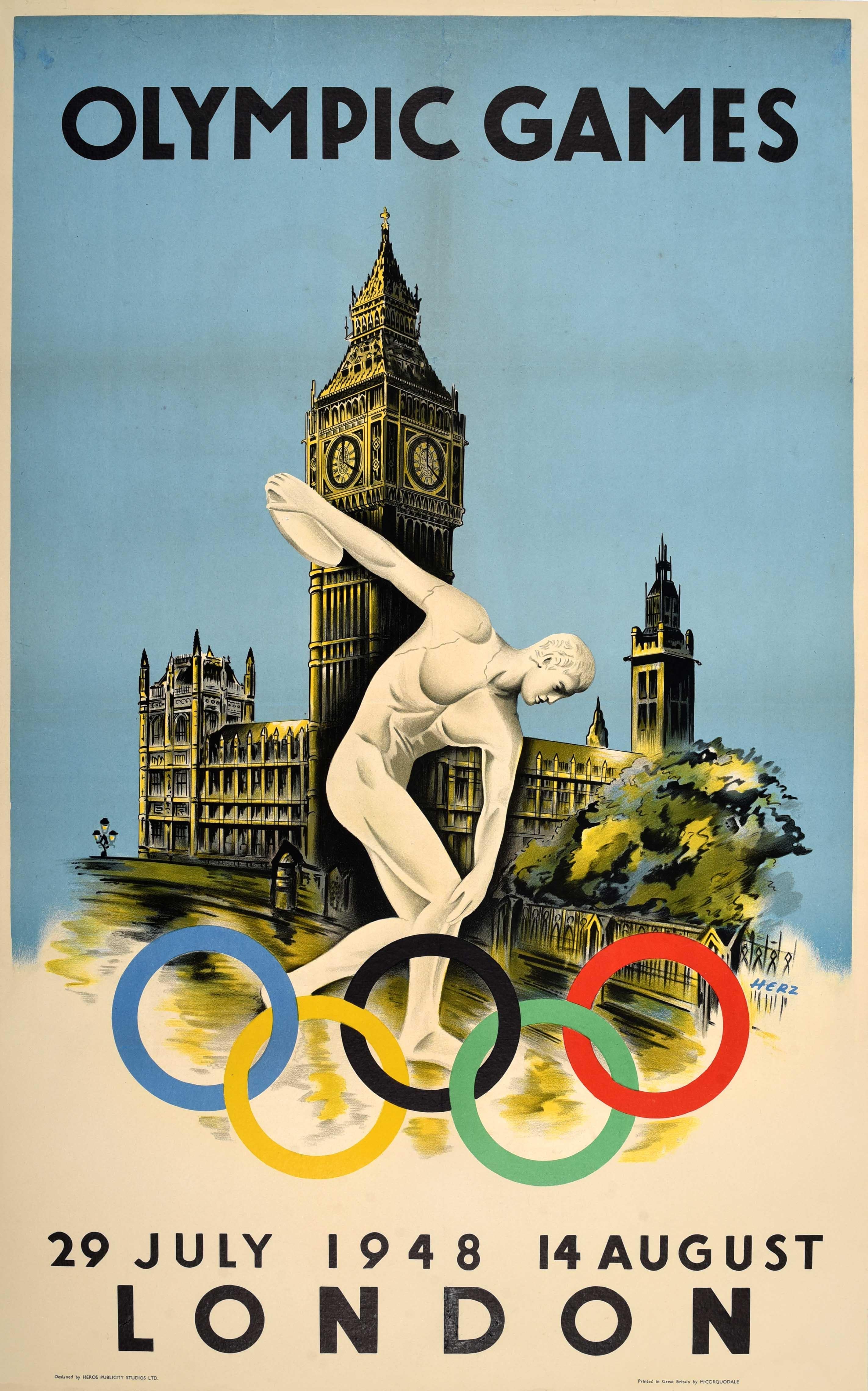 Originales Vintage-Plakat für die Olympischen Spiele 1948 in London, die vom 29. Juli bis 14. August stattfanden, die ersten Spiele nach dem Zweiten Weltkrieg. Das ikonische Design von Walter Herz (geb. 1909) zeigt die altgriechische Statue des