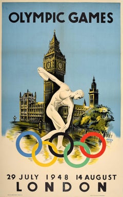 Affiche sportive originale des Jeux olympiques de 1948 à Londres Walter Herz Big Ben