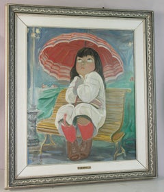 School Girl Waiting for Bus in the Rain, Oil on Canvas, Framed, 1960s