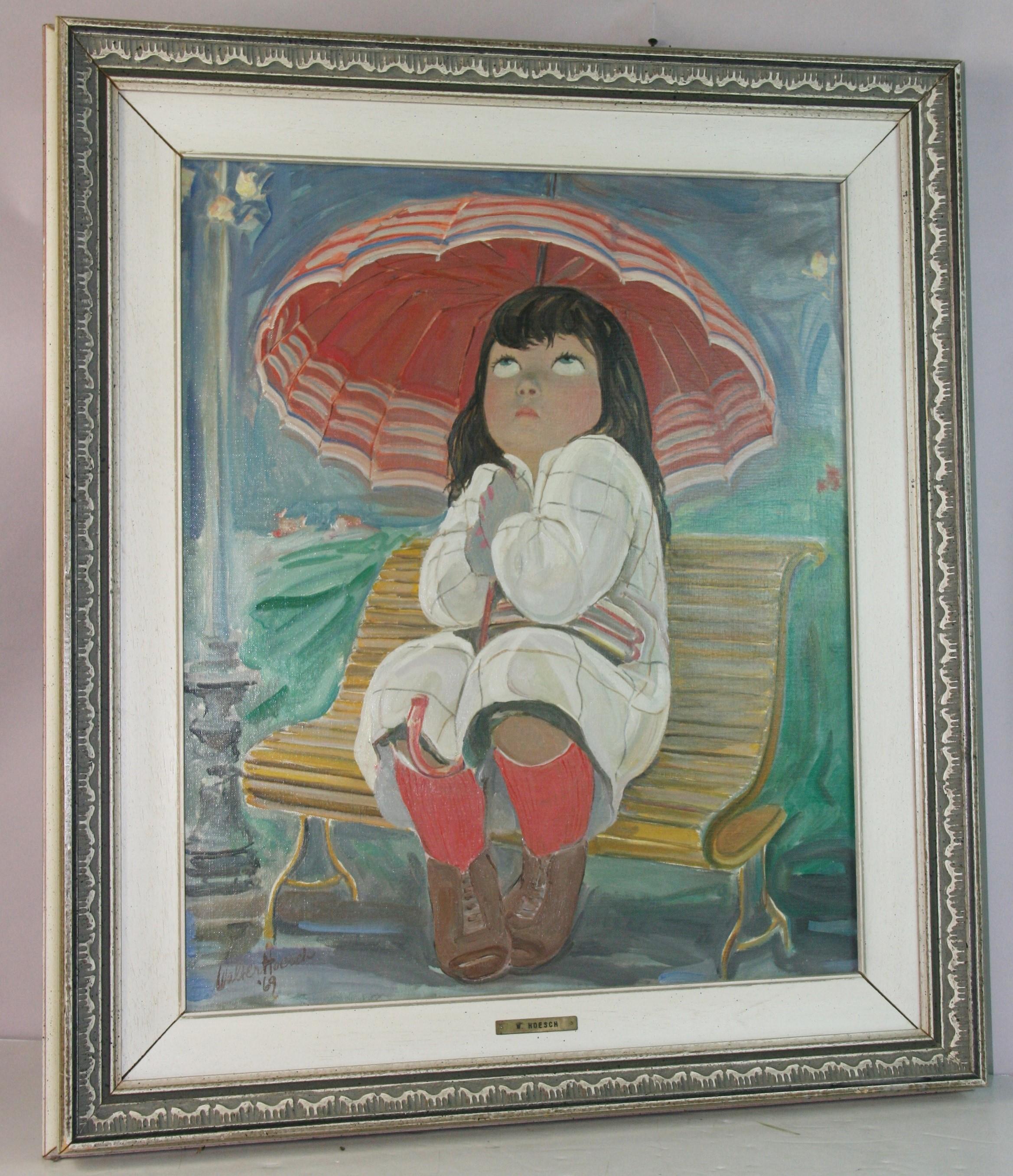Walter Hoesch Figurative Painting - School Girl Waiting for Bus in the Rain, Oil on Canvas, Framed, 1960s
