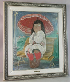 School Girl Waiting for Bus in the Rain, Oil on Canvas, Framed, 1960s