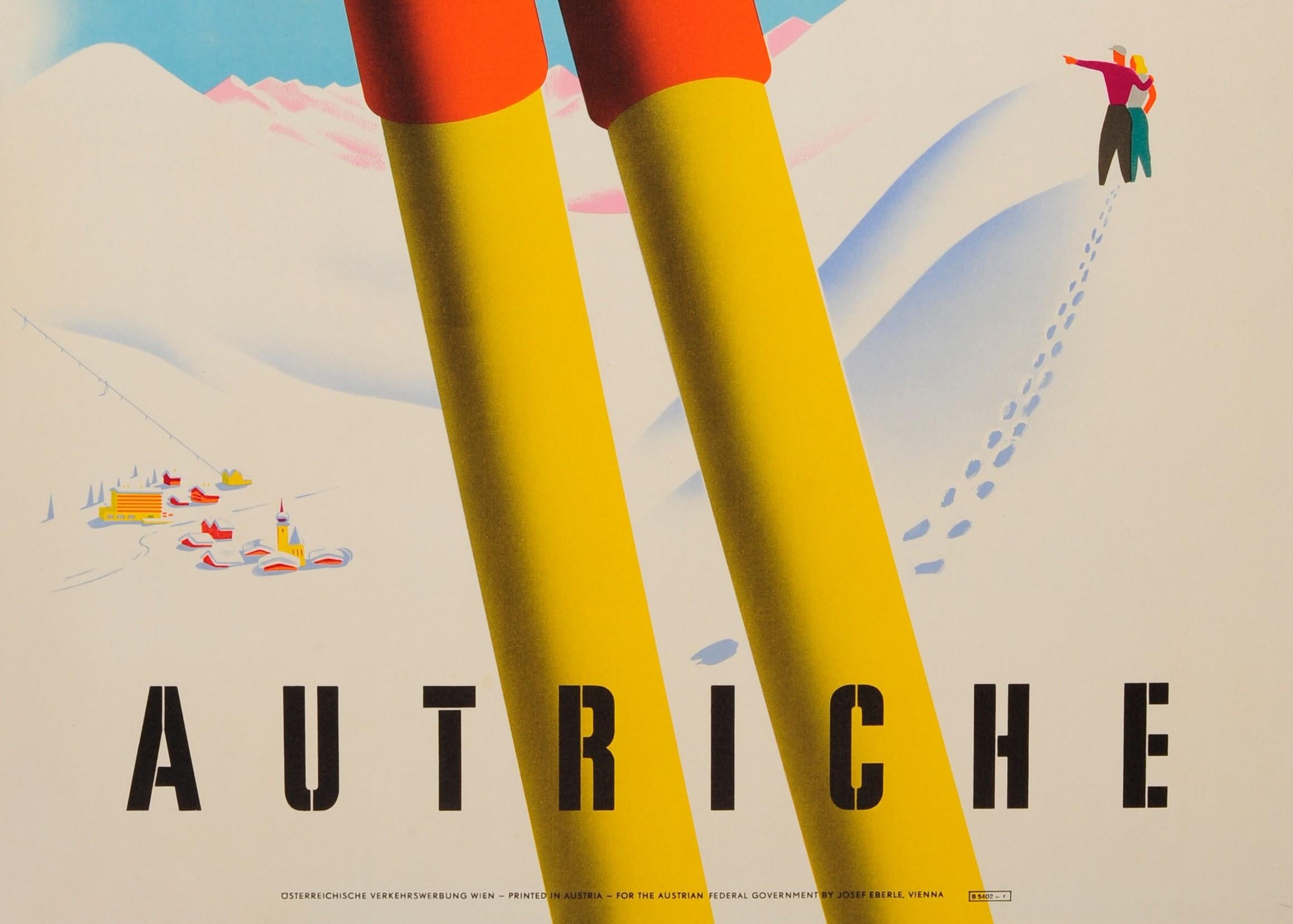 Original vintage winter sport and skiing travel poster for Austria / Autriche. Great design depicting a fun and romantic image of a pair of ski poles leaning into each other with the faces of a smiling man and lady on the handles at the top, the