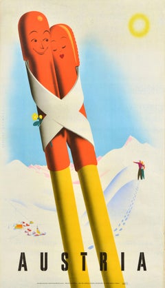 Original Vintage Winter Sport Travel Poster Austria Love Ski Poles Hofmann Snow