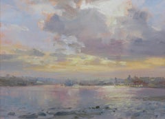 Pintura al óleo original English Marine Impressionist Río Tyne Puesta de sol Newcastle