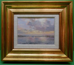 Pintura al óleo original English Marine Impressionist Río Tyne Puesta de sol Newcastle