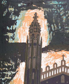 King's College, Capilla Cambridge grabado en linograbado por Walter Hoyle