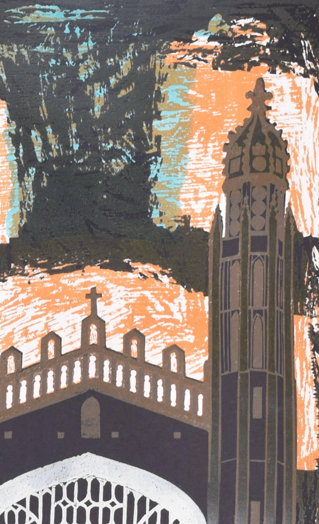 King's College, Chapel Cambridge linocut print by Walter Hoyle For Sale 2