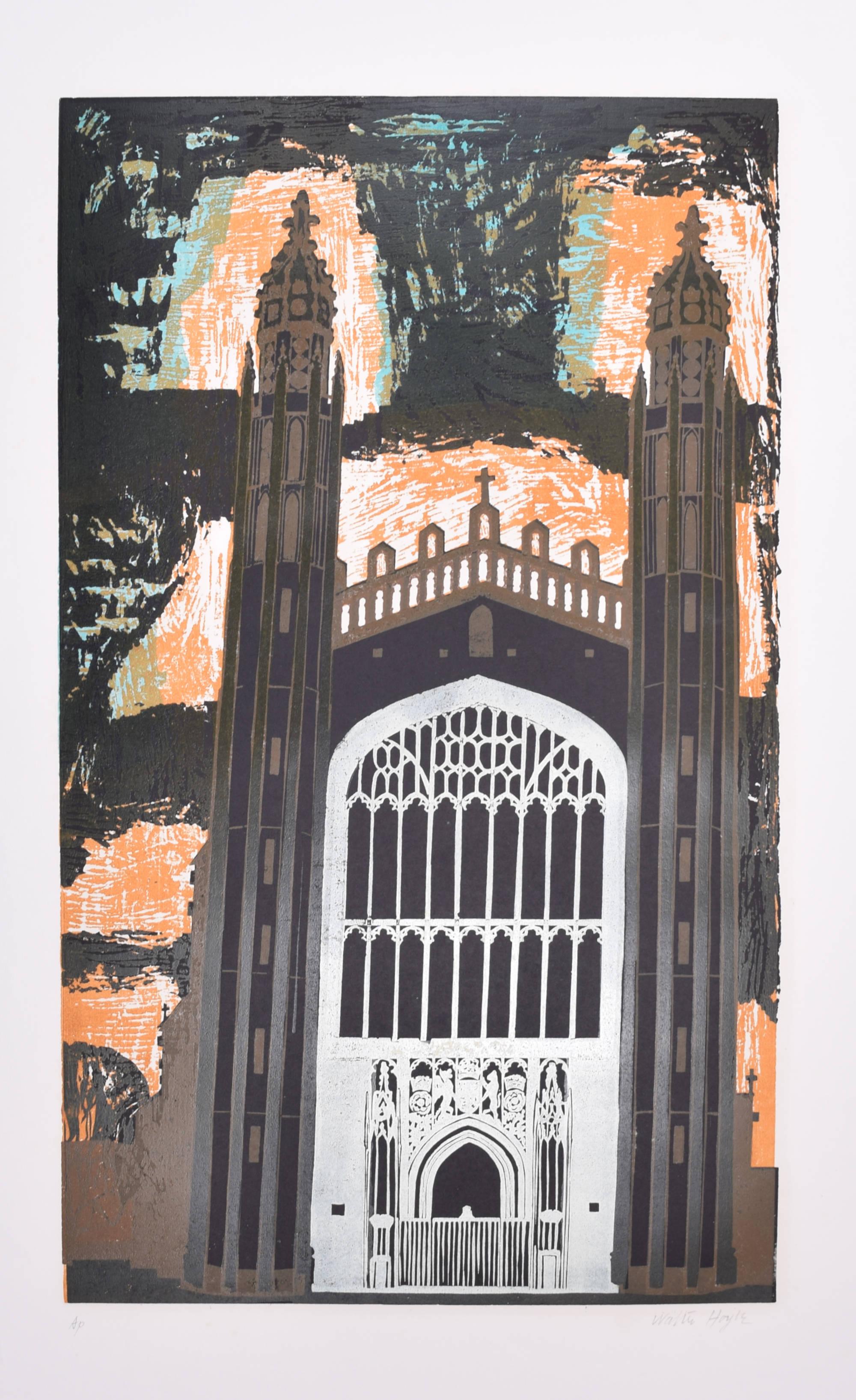 King's College, Chapel Cambridge linocut print by Walter Hoyle